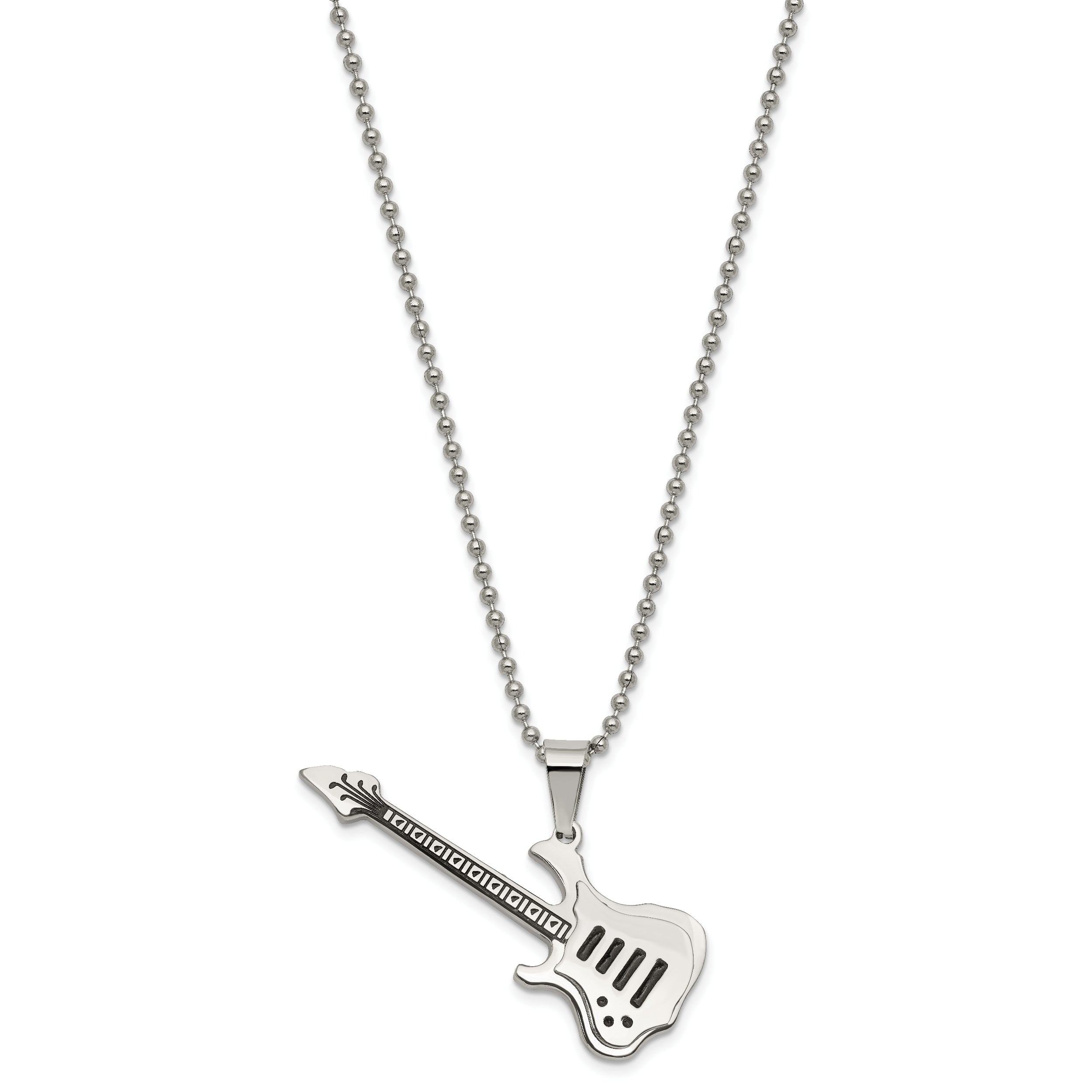 Chisel Stainless Steel Polished and Textured with Enamel Guitar Pendant on a 24 inch Ball Chain Necklace