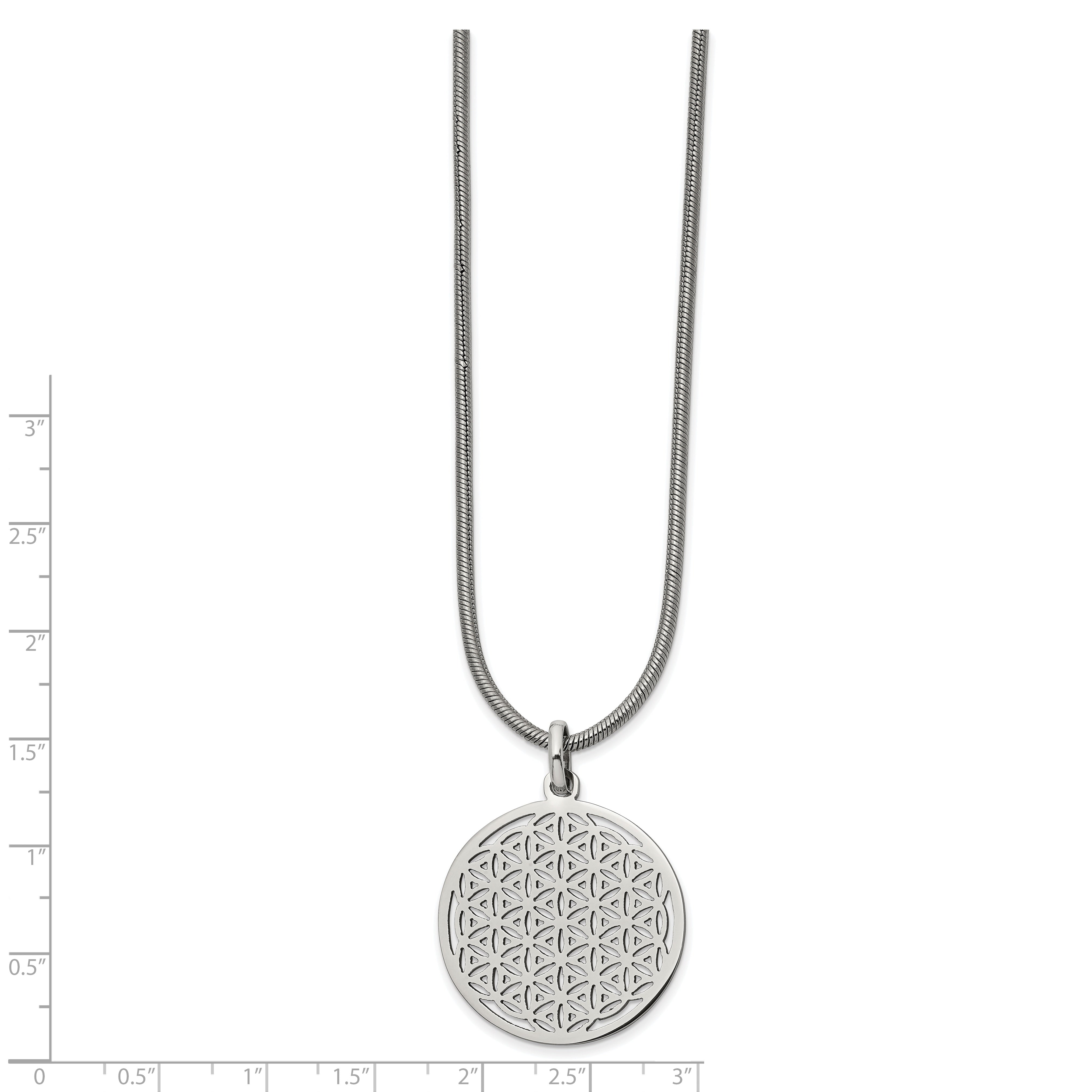 Chisel Stainless Steel Polished Flower Cut-out Small Circle Pendant on an 18 inch Snake Chain Necklace