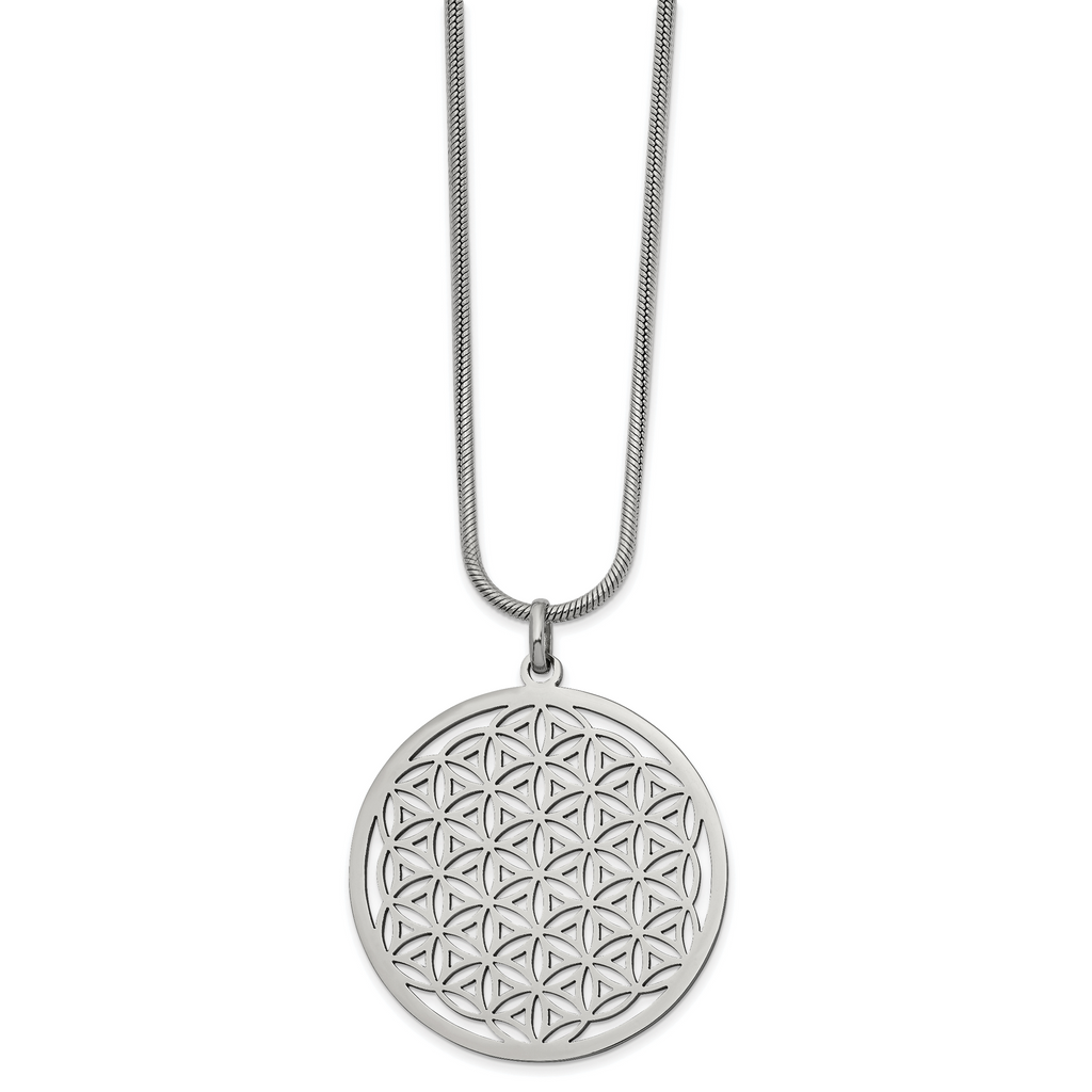 Stainless Steel Polished Flower Cut-out Large Circle 20 inch Necklace