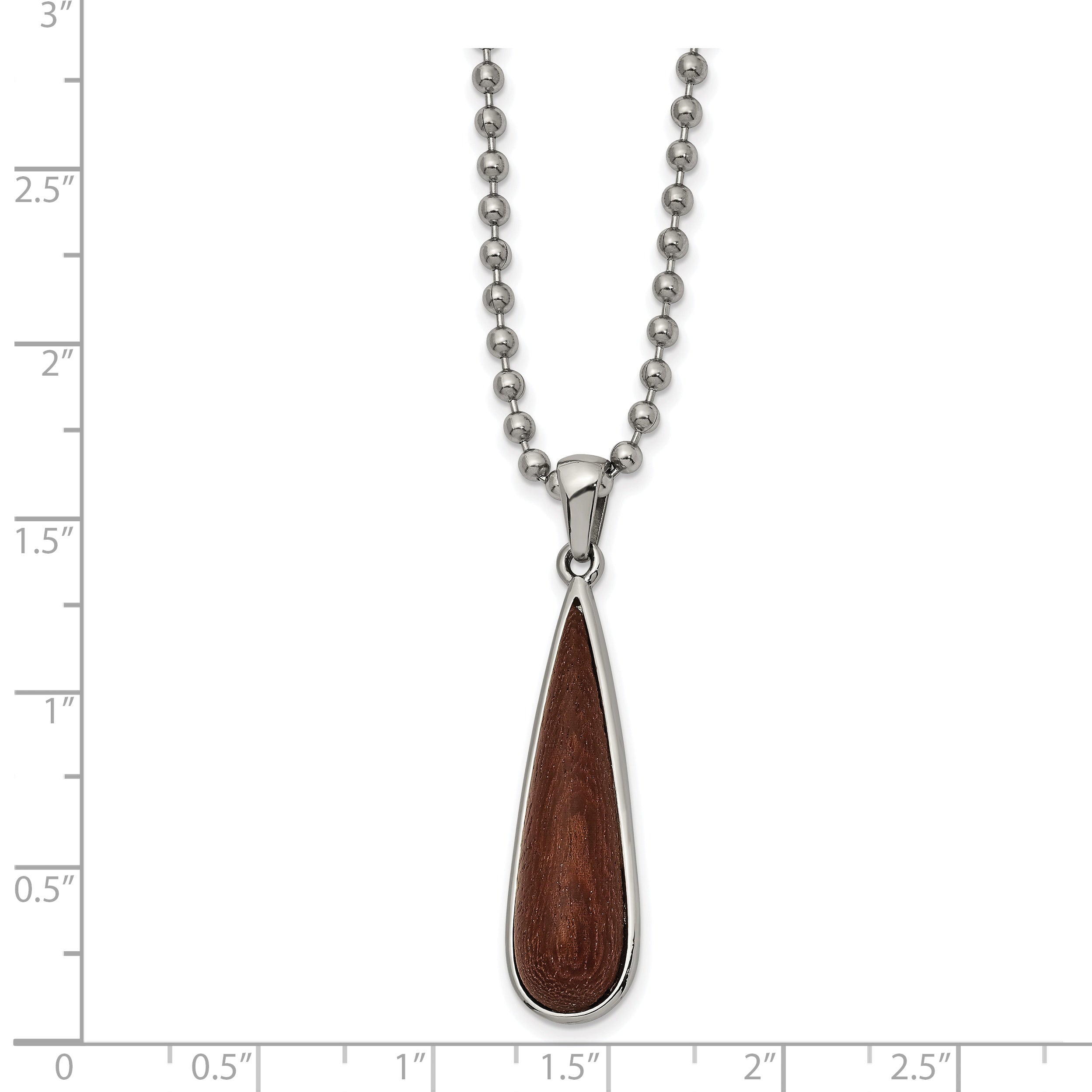 Stainless Steel Polished Wood Inlay Teardrop 24in Necklace Secondary image
