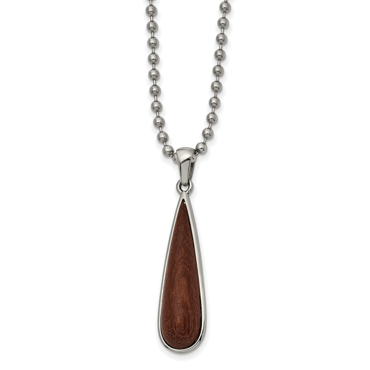 Stainless Steel Polished Wood Inlay Teardrop 24in Necklace