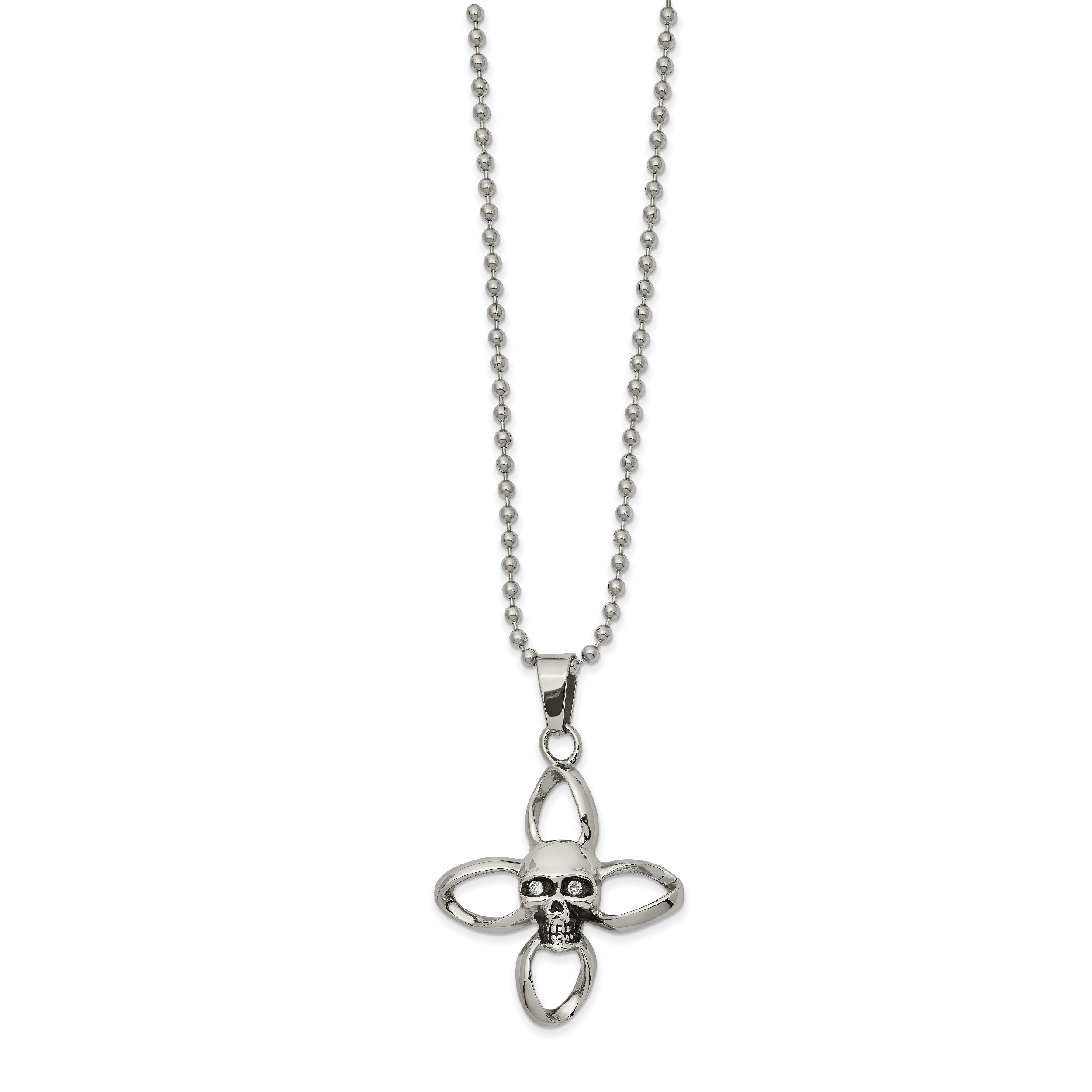 Stainless Steel Antiqued and Polished w/ CZ Skull Cross 22in Necklace Main image