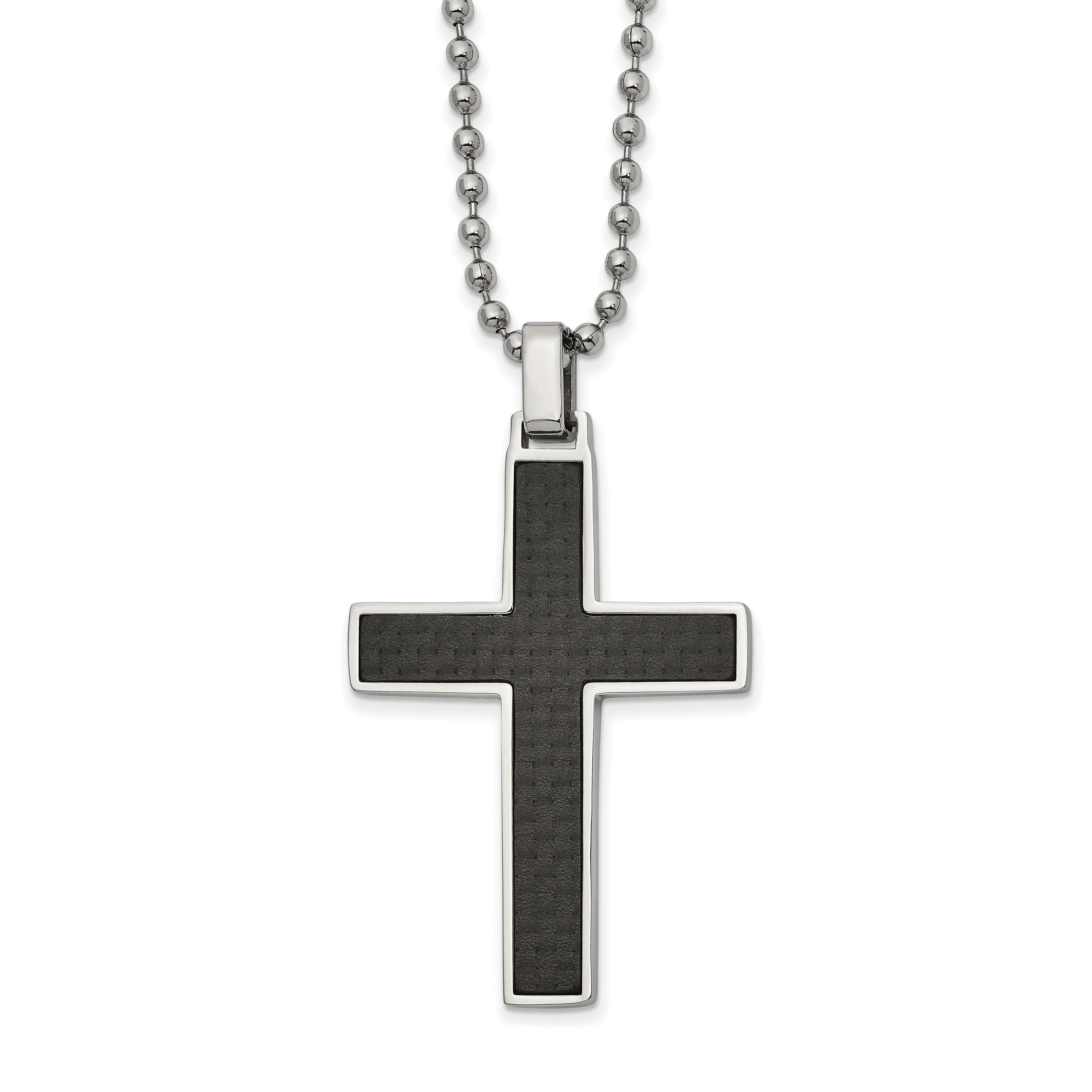 Stainless Steel Polished w/Carbon Fiber & Wood Inlay Reversible Necklace