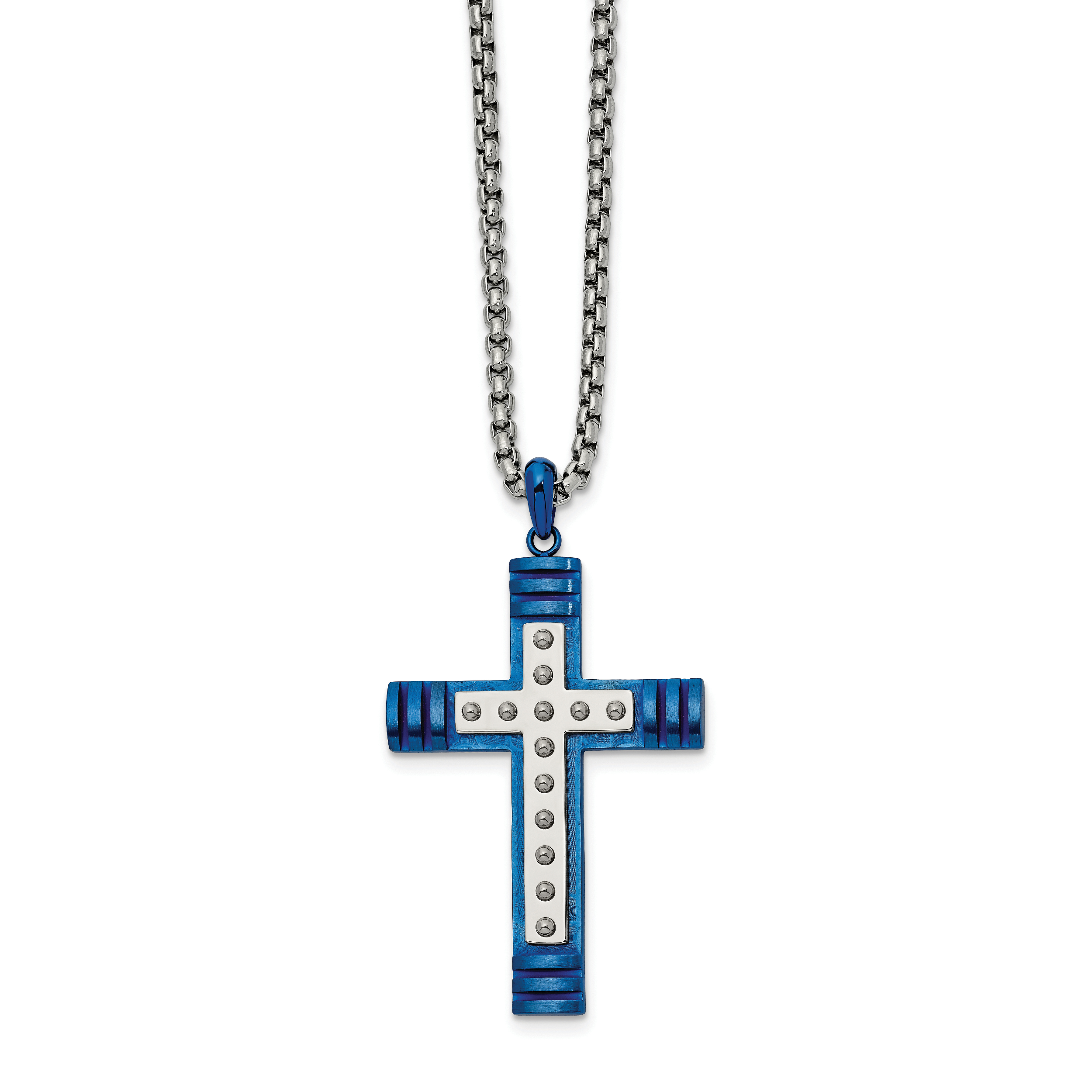 Chisel Stainless Steel Polished Blue IP-plated Cross Pendant on a 22 inch Box Chain Necklace Main image
