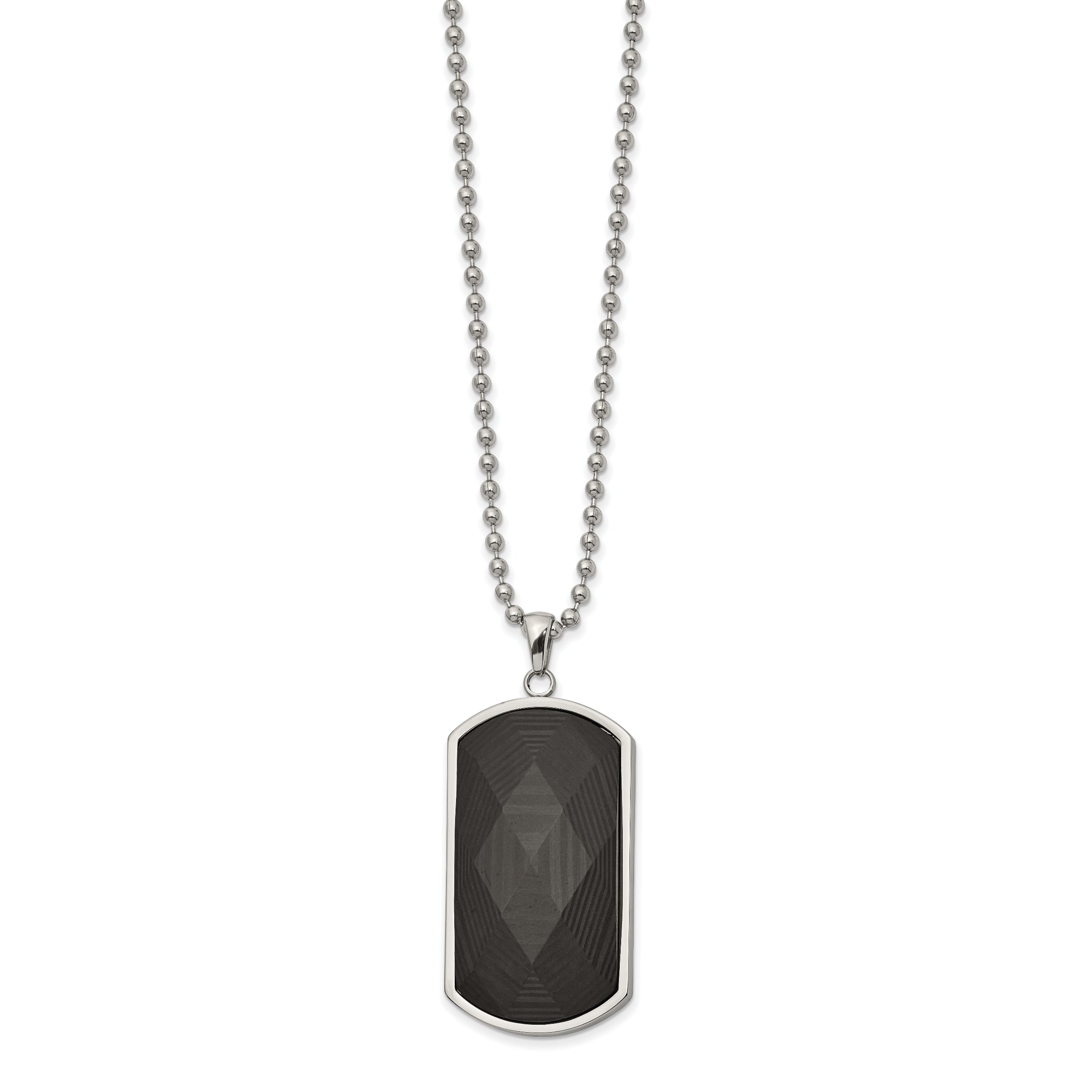 Chisel Stainless Steel Polished Solid Black Carbon Fiber Inlay Dog Tag on a 24 inch Ball Chain Necklace