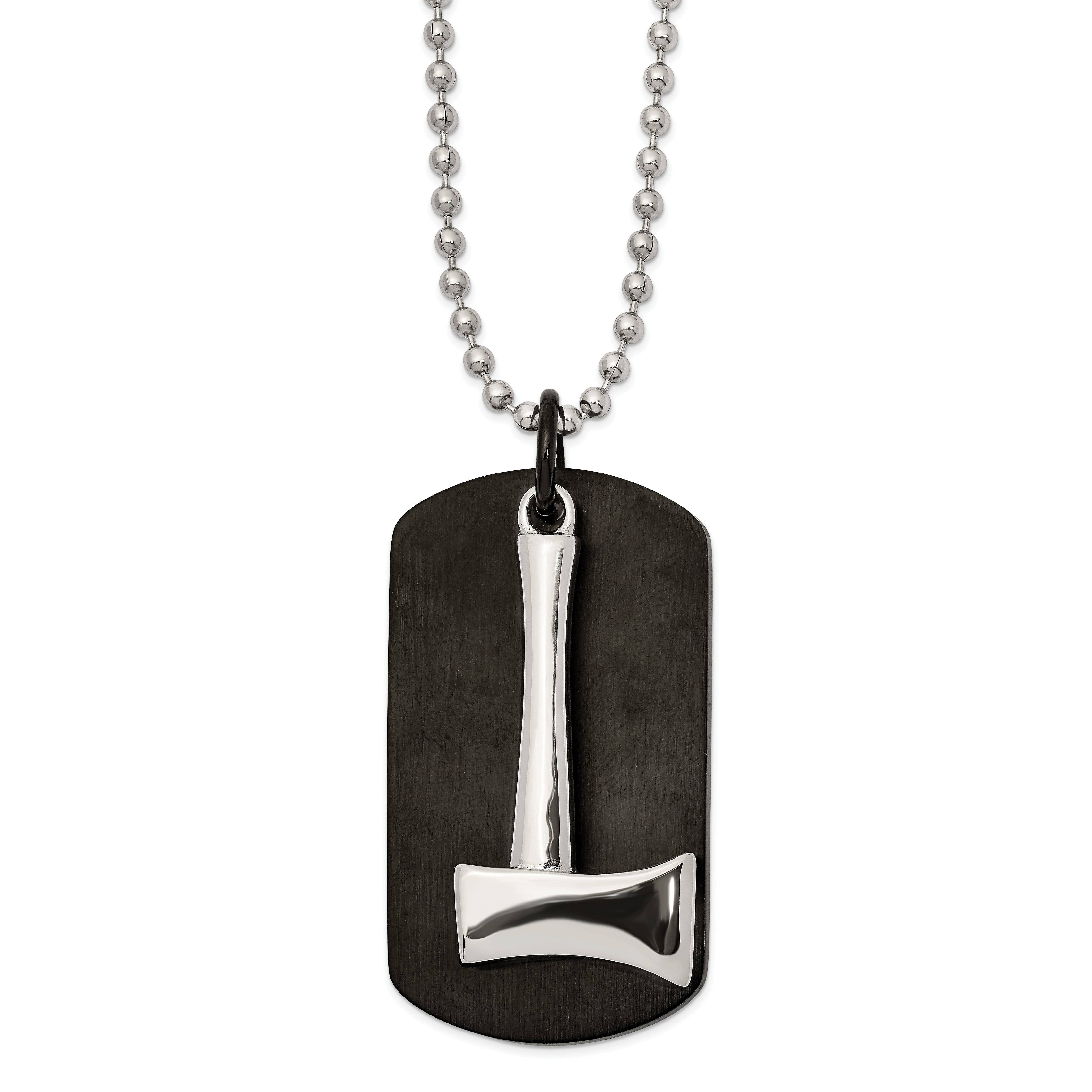 Chisel Stainless Steel Brushed and Polished Black IP-plated Dog Tag with Axe Pendant on a 24 inch Ball Chain Necklace Main image