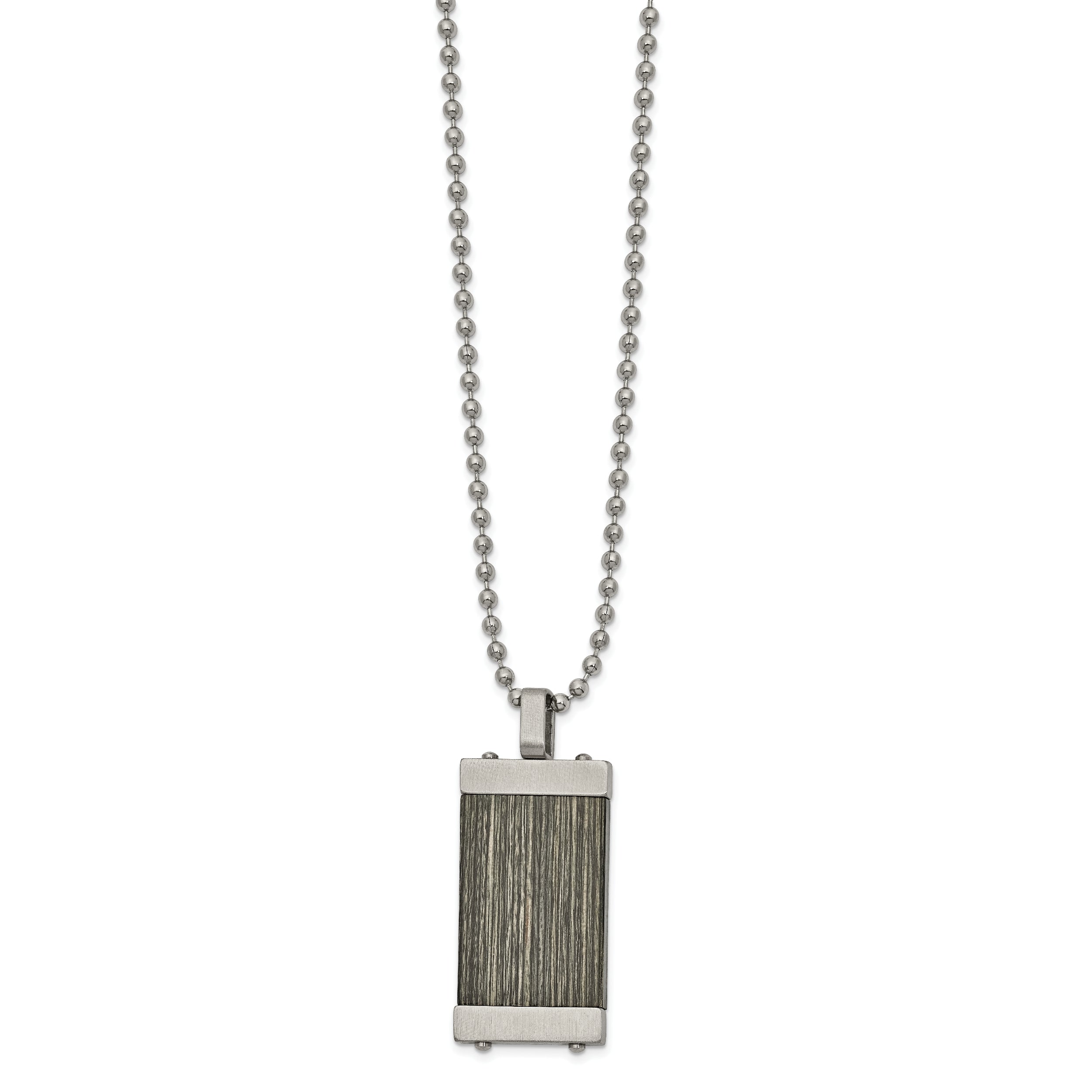 Chisel Stainless Steel Brushed with Grey Wood Inlay Pendant on a 24 inch Ball Chain Necklace