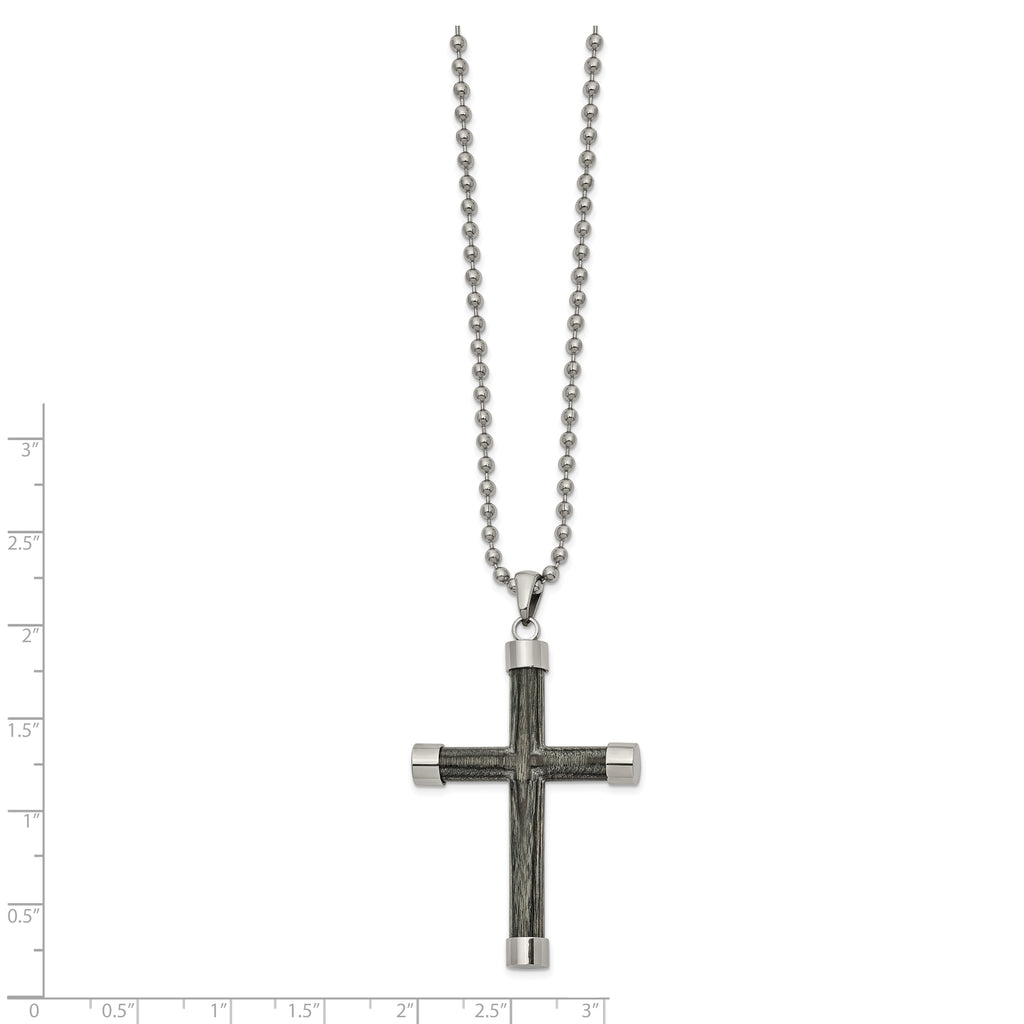 Wood Inlay Cross Necklace in Stainless Steel