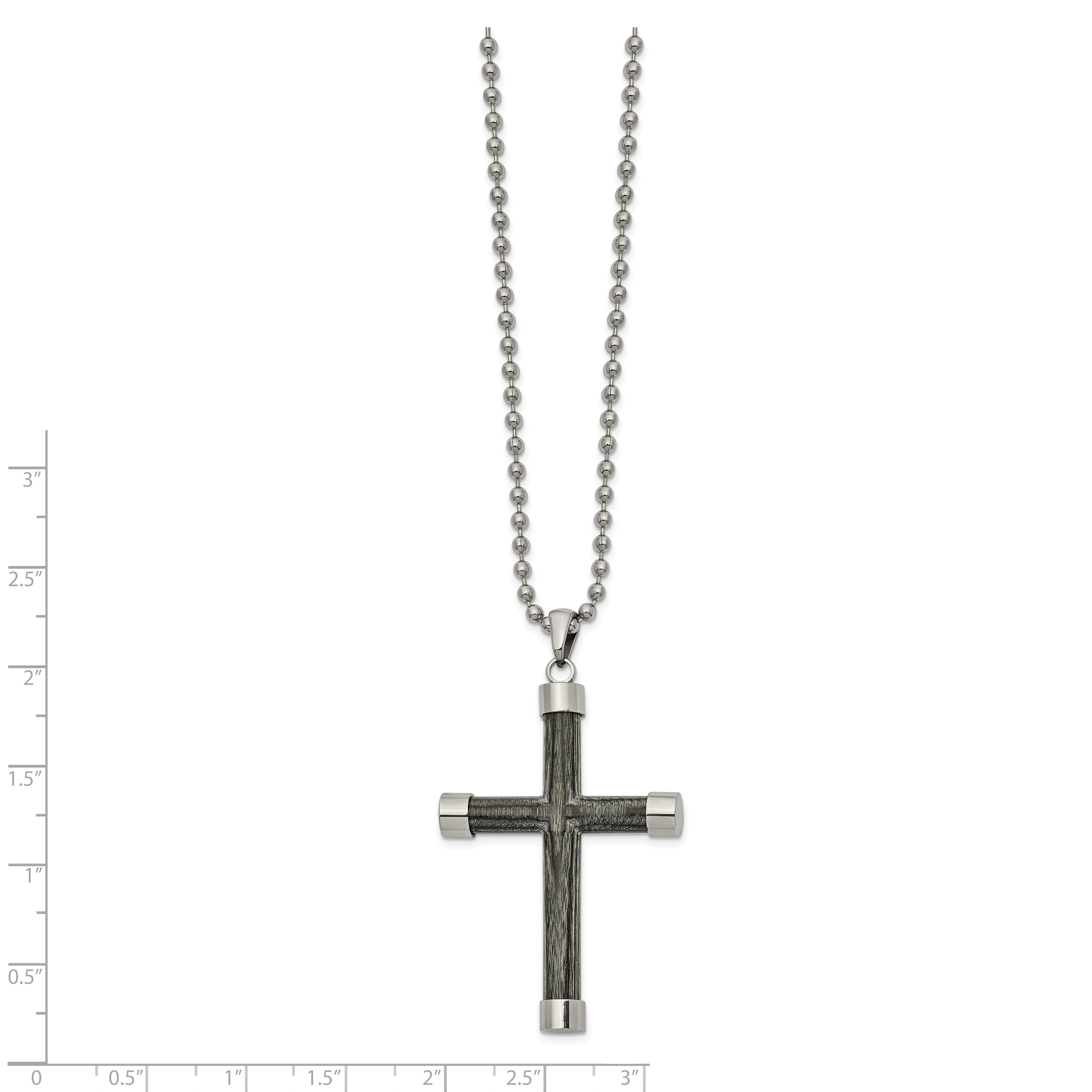 Wood Inlay Cross Necklace in Stainless Steel