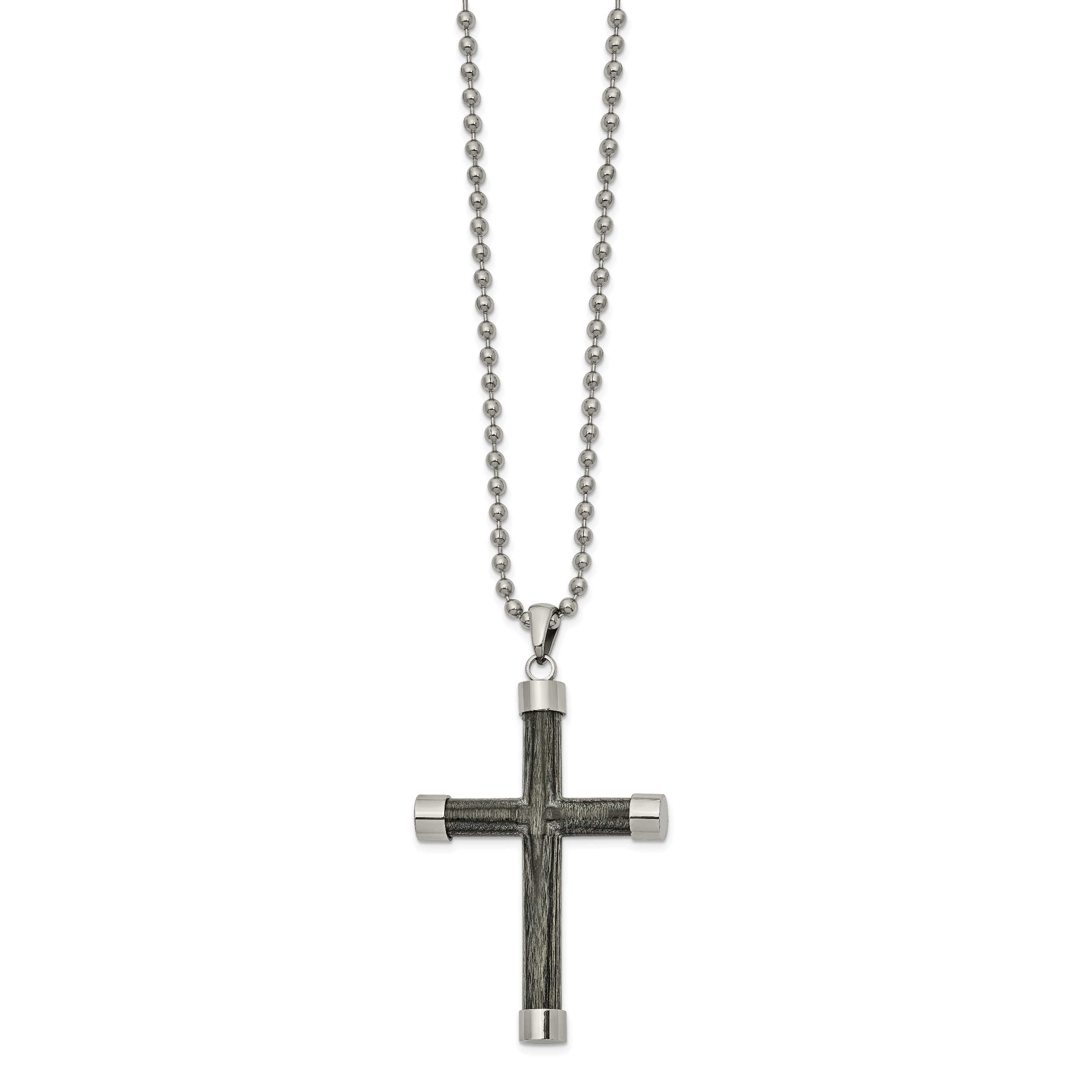 Stainless Steel Polished with Gray Wood Inlay Cross 24in Necklace Main image