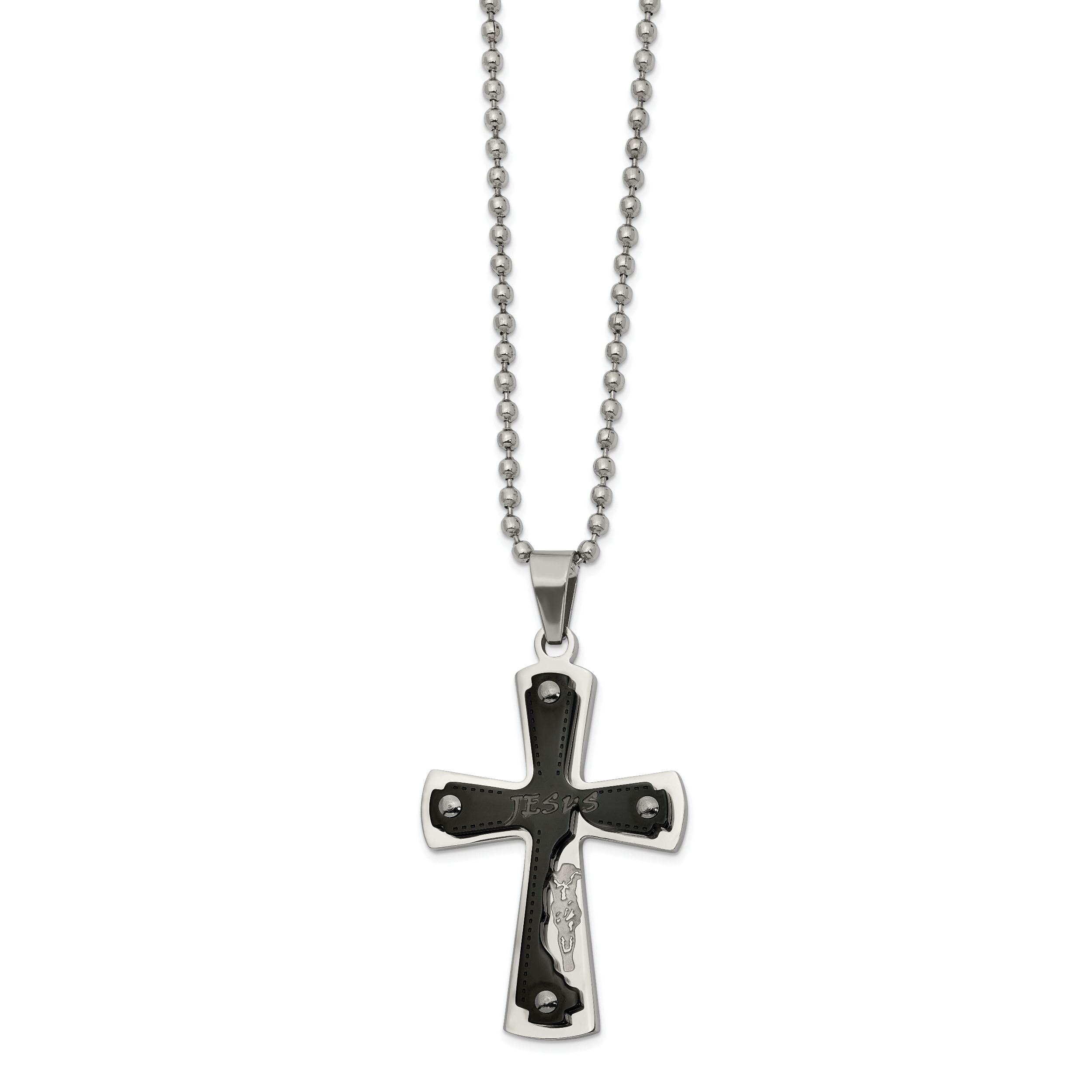 Stainless Steel Polished Black IP-plated Laser Cut JESUS Cross Necklace Main image