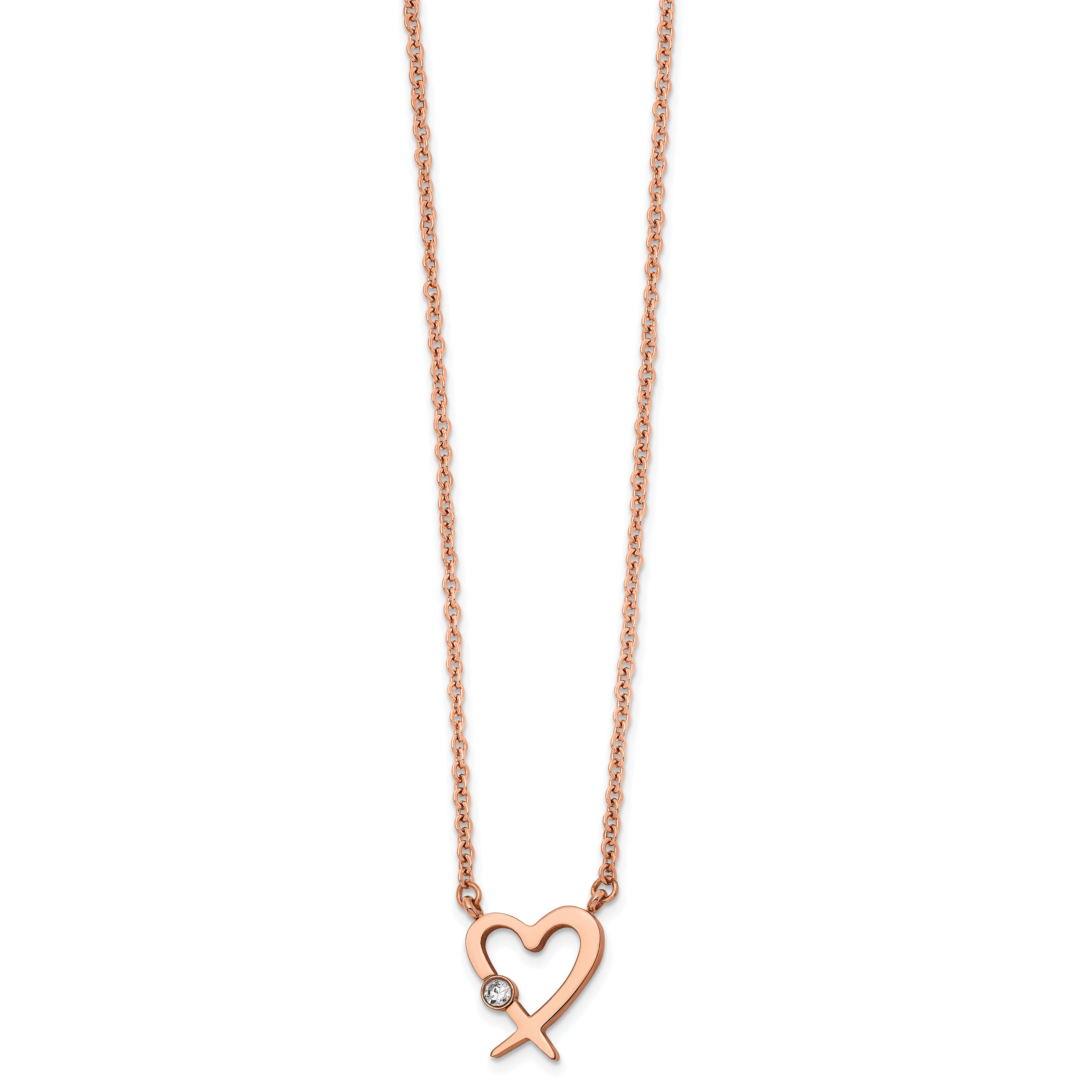 Chisel Stainless Steel Polished Rose IP-plated with Austrian Crystal Heart on a 16 inch Cable Chain with a 2 inch Extension Necklace