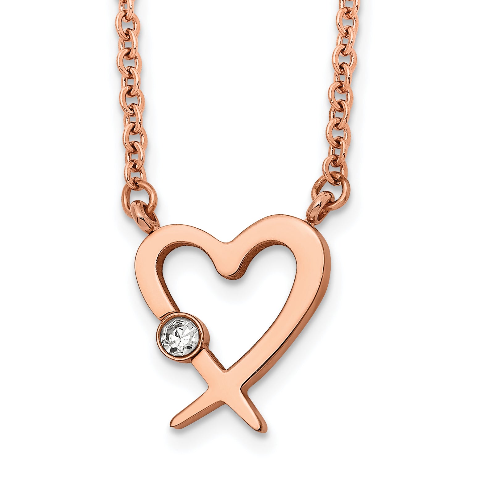 Chisel Stainless Steel Polished Rose IP-plated with Austrian Crystal Heart on a 16 inch Cable Chain with a 2 inch Extension Necklace Main image
