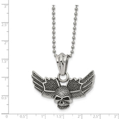 Chisel Stainless Steel Antiqued and Polished Skull with Wings Pendant on a 22 inch Ball Chain Necklace