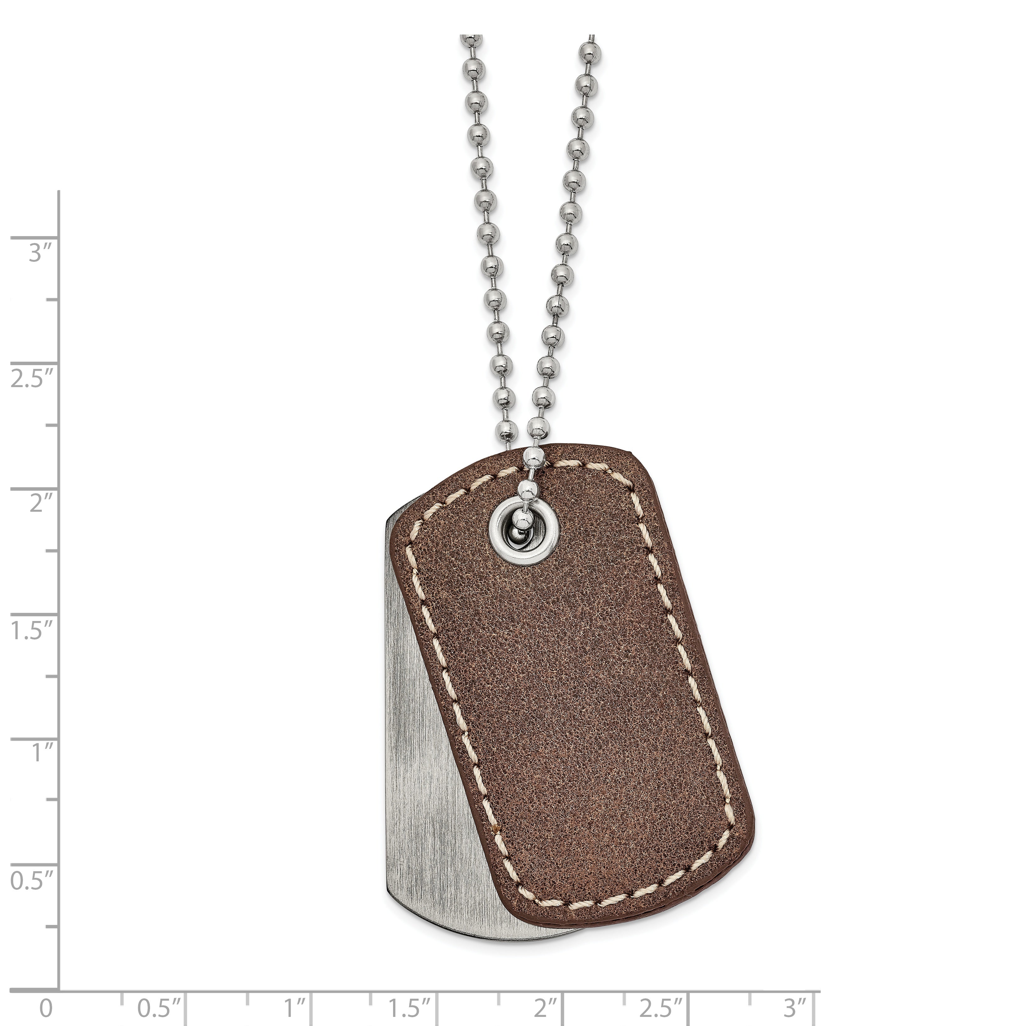 Chisel Stainless Steel Antiqued and Brushed with Brown Leather 2 Piece Dog Tags on a 22 inch Ball Chain Necklace Secondary image