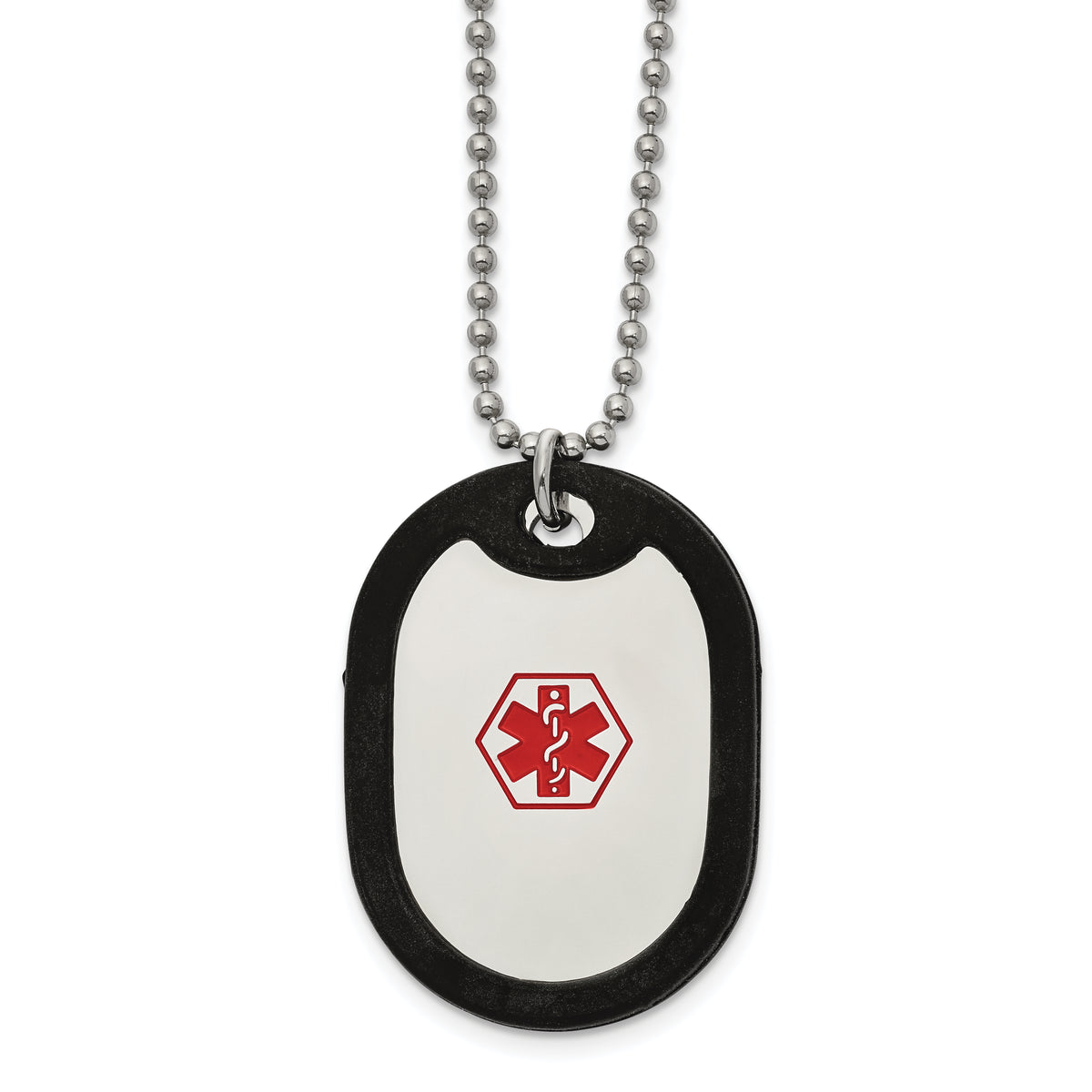 Chisel Stainless Steel Polished with Red Enamel and Removeable Black Rubber Medical ID Dog Tag on a  24 inch Ball Chain Necklace