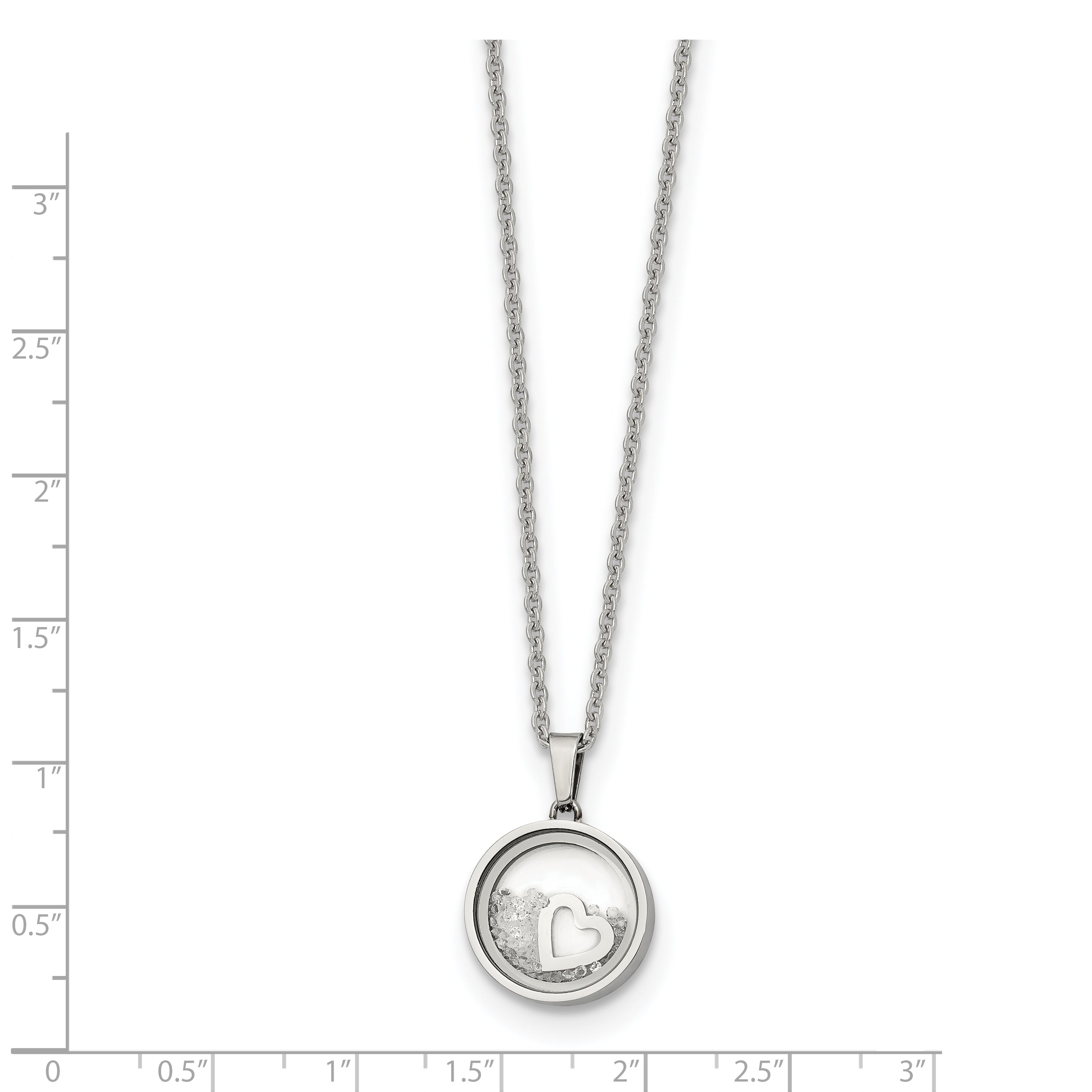Chisel Stainless Steel Polished Floating Crystal Heart Pendant on a 16 inch Cable Chain with a 2 inch Extension Necklace