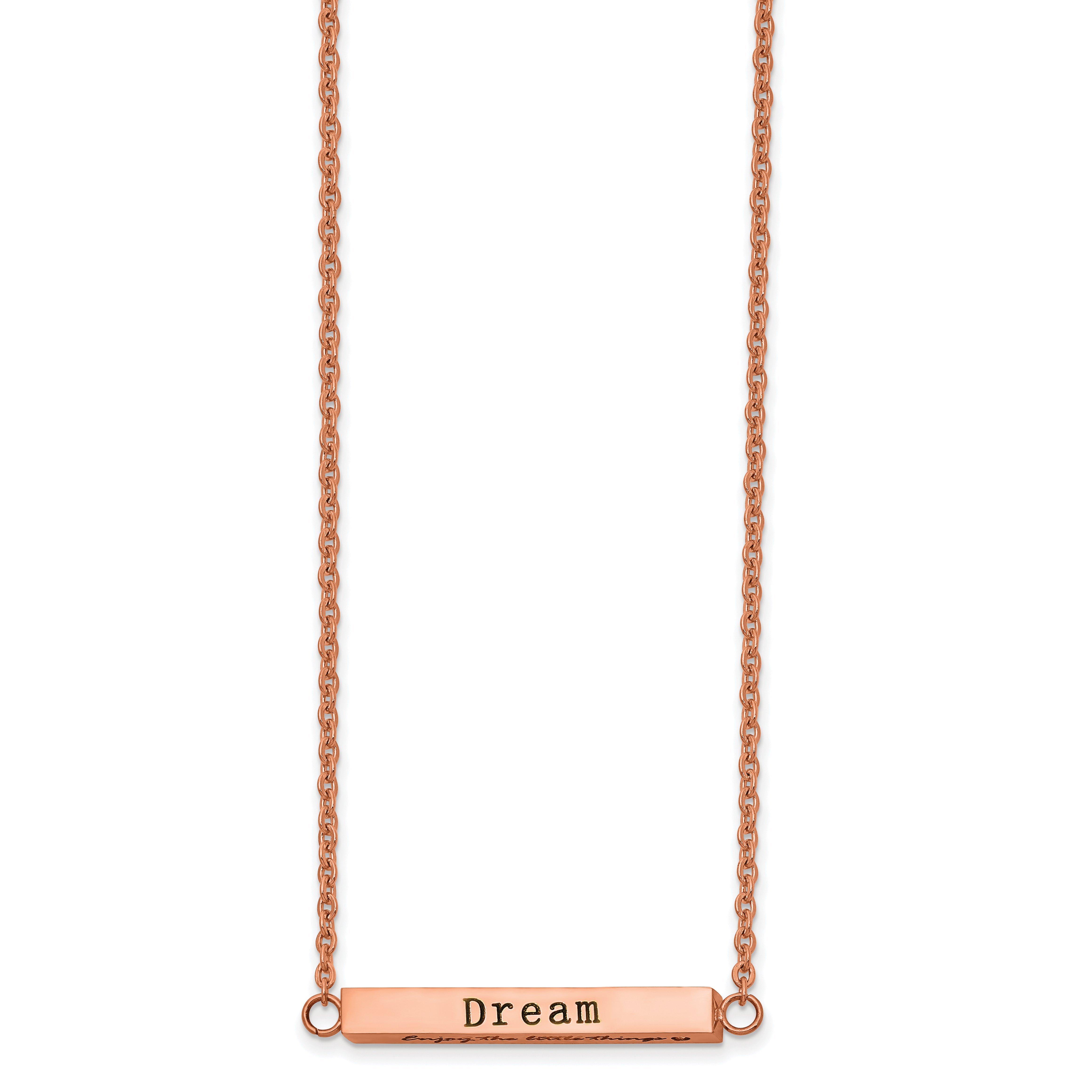 Chisel Stainless Steel Polished Rose IP-plated Enameled CZ ENJOY THE LITTLE THINGS Bar on a 16 inch Cable Chain with a 2 inch Extension Necklace