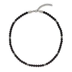 Chisel Stainless Steel Antiqued and Polished Black Agate Beaded 18.5 inch Necklace with 2 inch extension