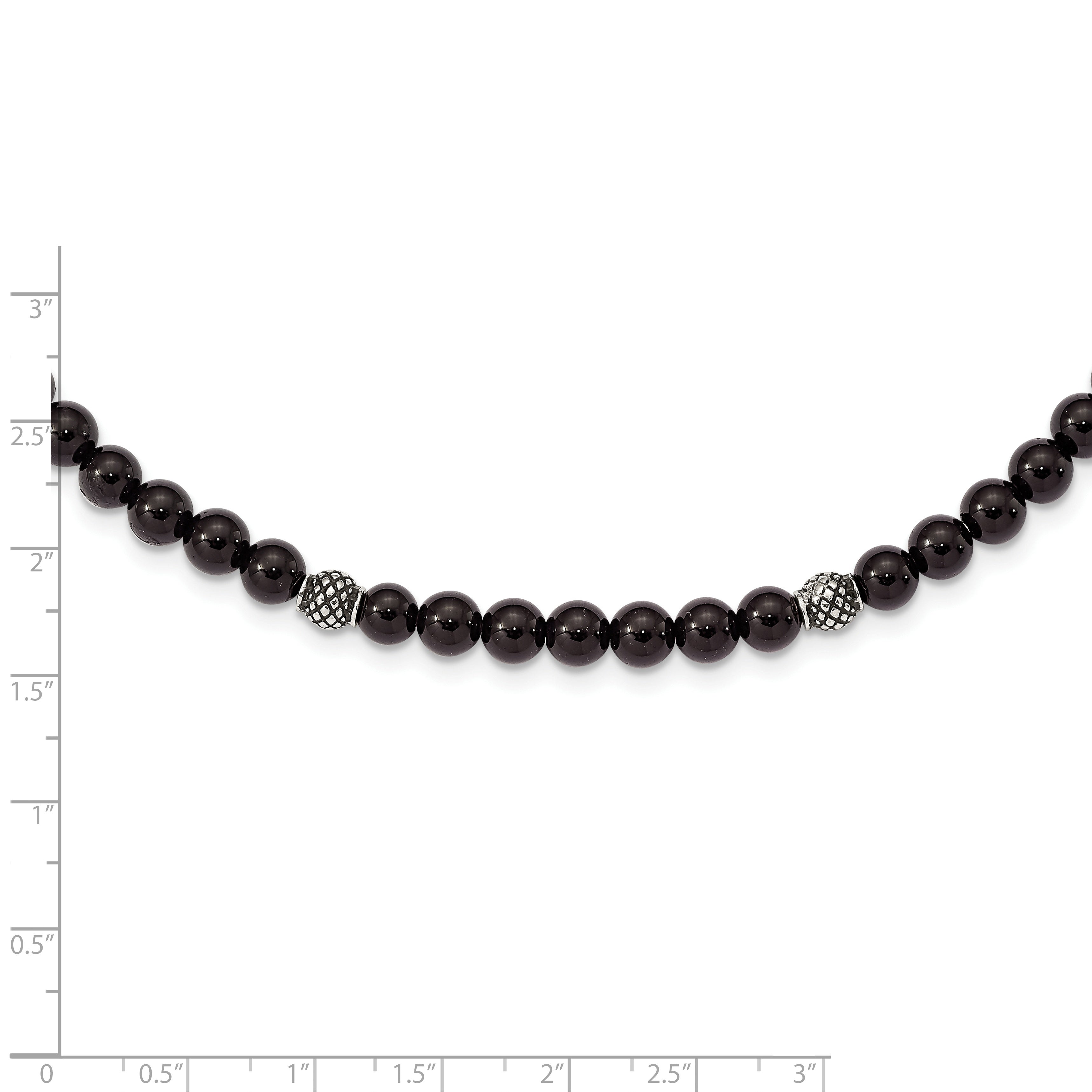 Chisel Stainless Steel Antiqued and Polished Black Agate Beaded 18.5 inch Necklace with 2 inch extension