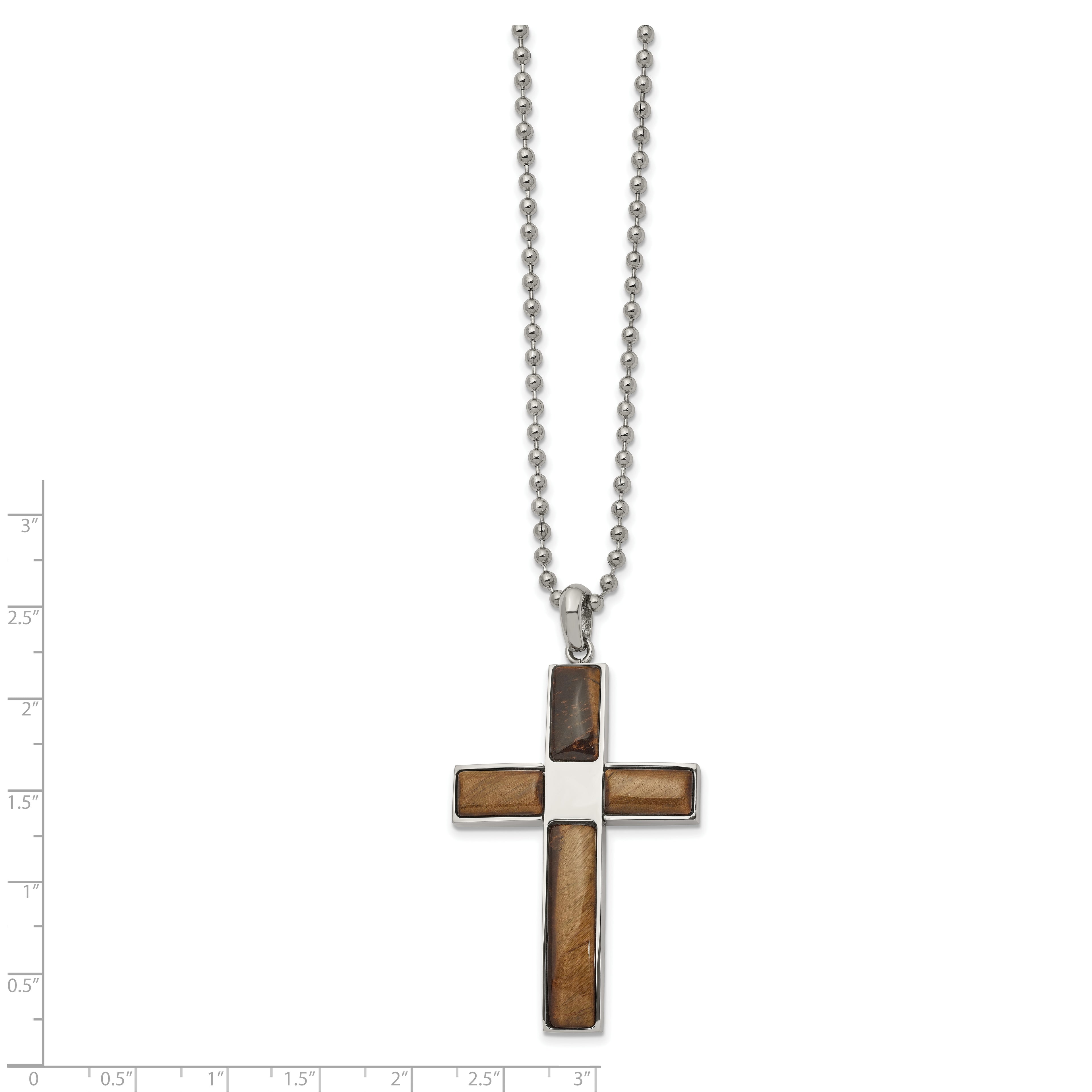 Tiger's Eye Cross Pendant Necklace in Stainless Steel