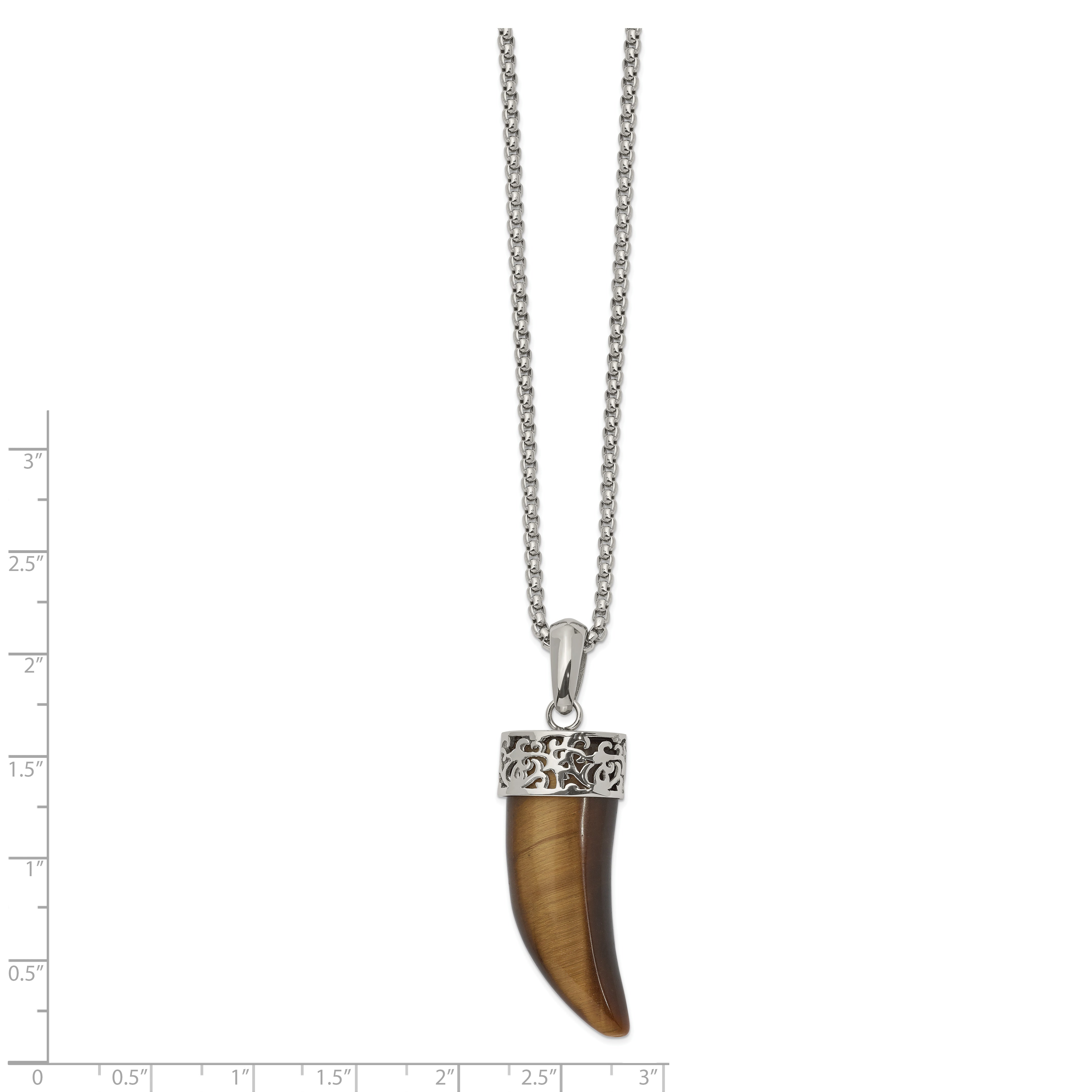 Chisel Stainless Steel Polished Tiger's Eye Horn Pendant on a 24 inch Box Chain Necklace