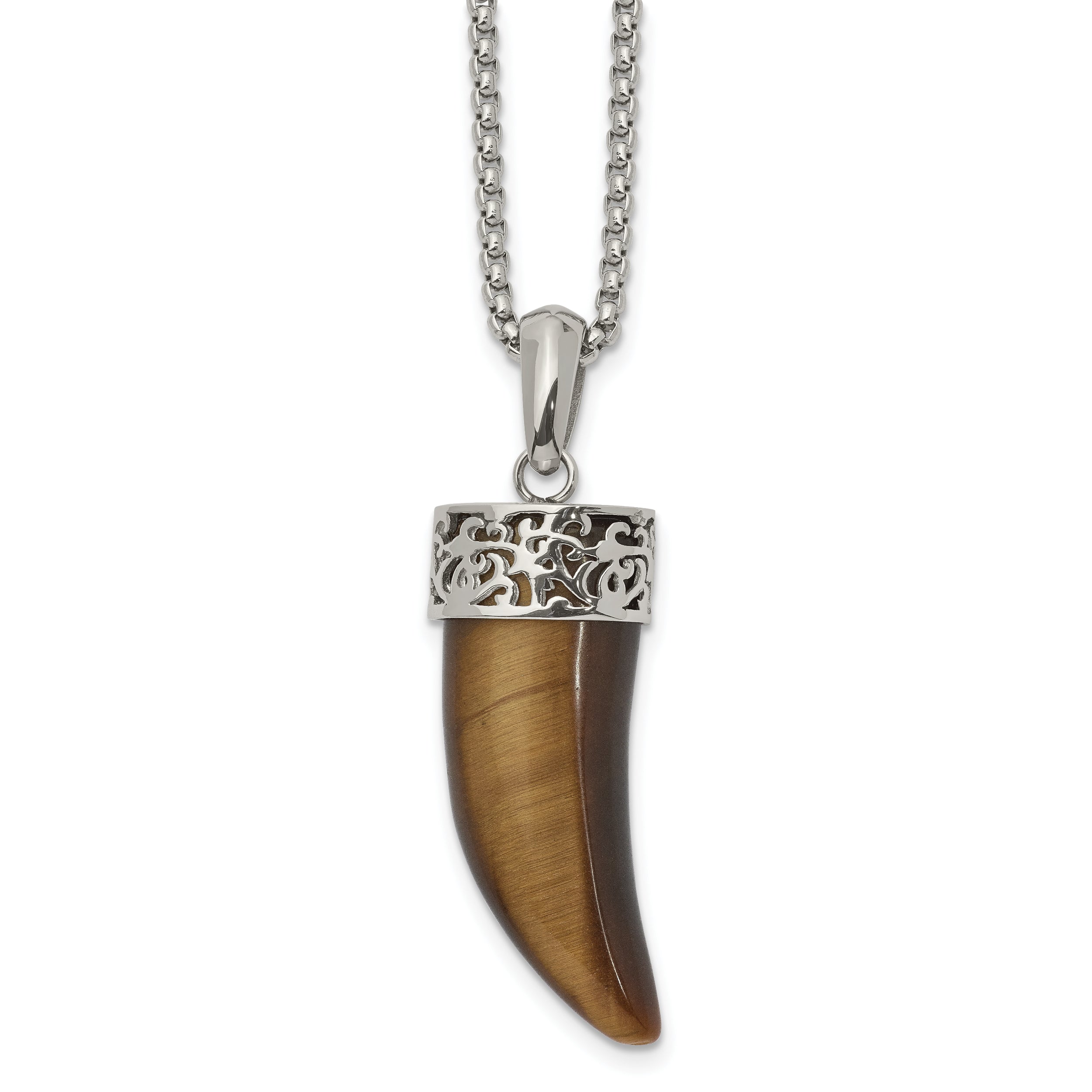 Chisel Stainless Steel Polished Tiger's Eye Horn Pendant on a 24 inch Box Chain Necklace