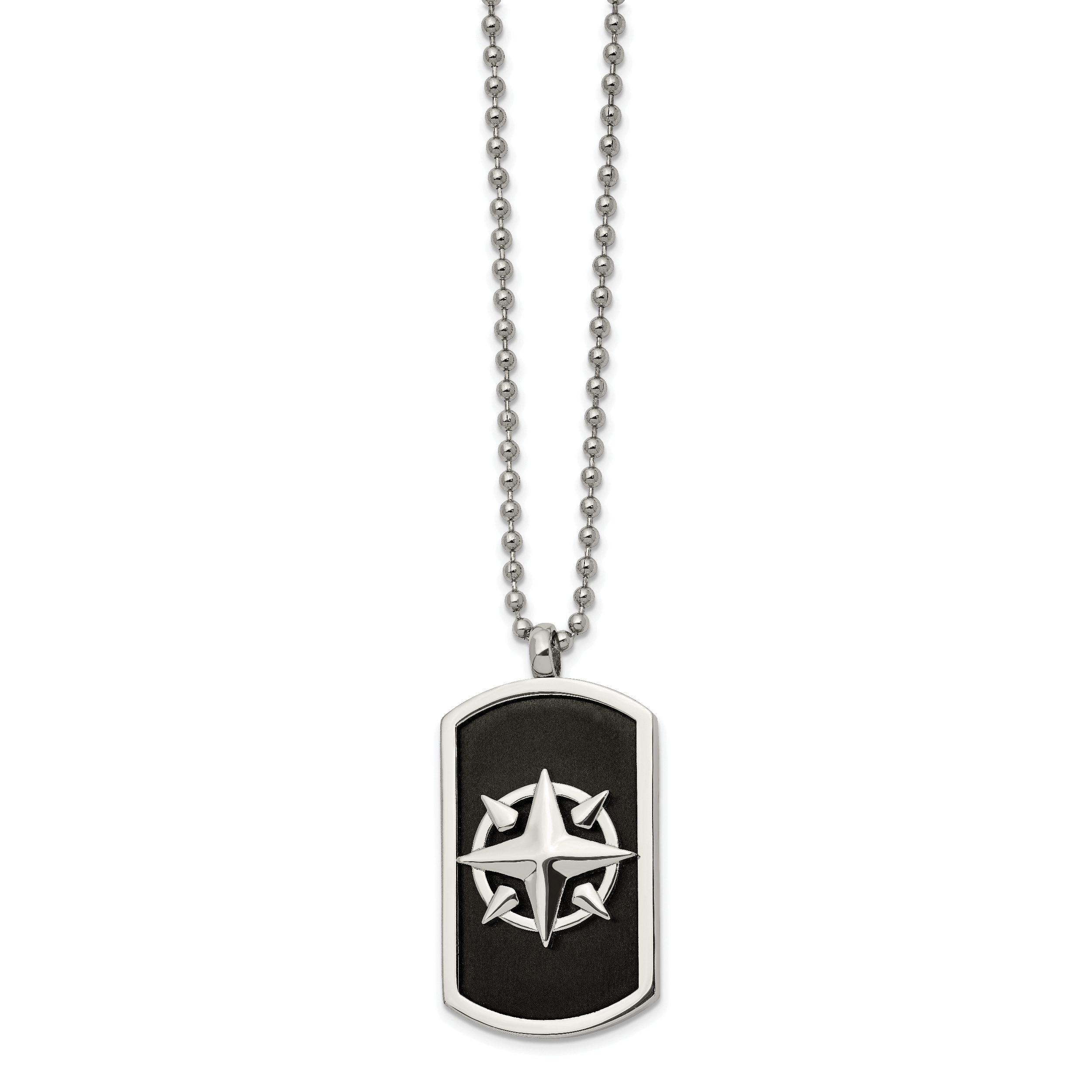 Chisel Stainless Steel Brushed and Polished Black IP-plated Compass Dog Tag on a 24 inch Ball Chain Necklace Main image