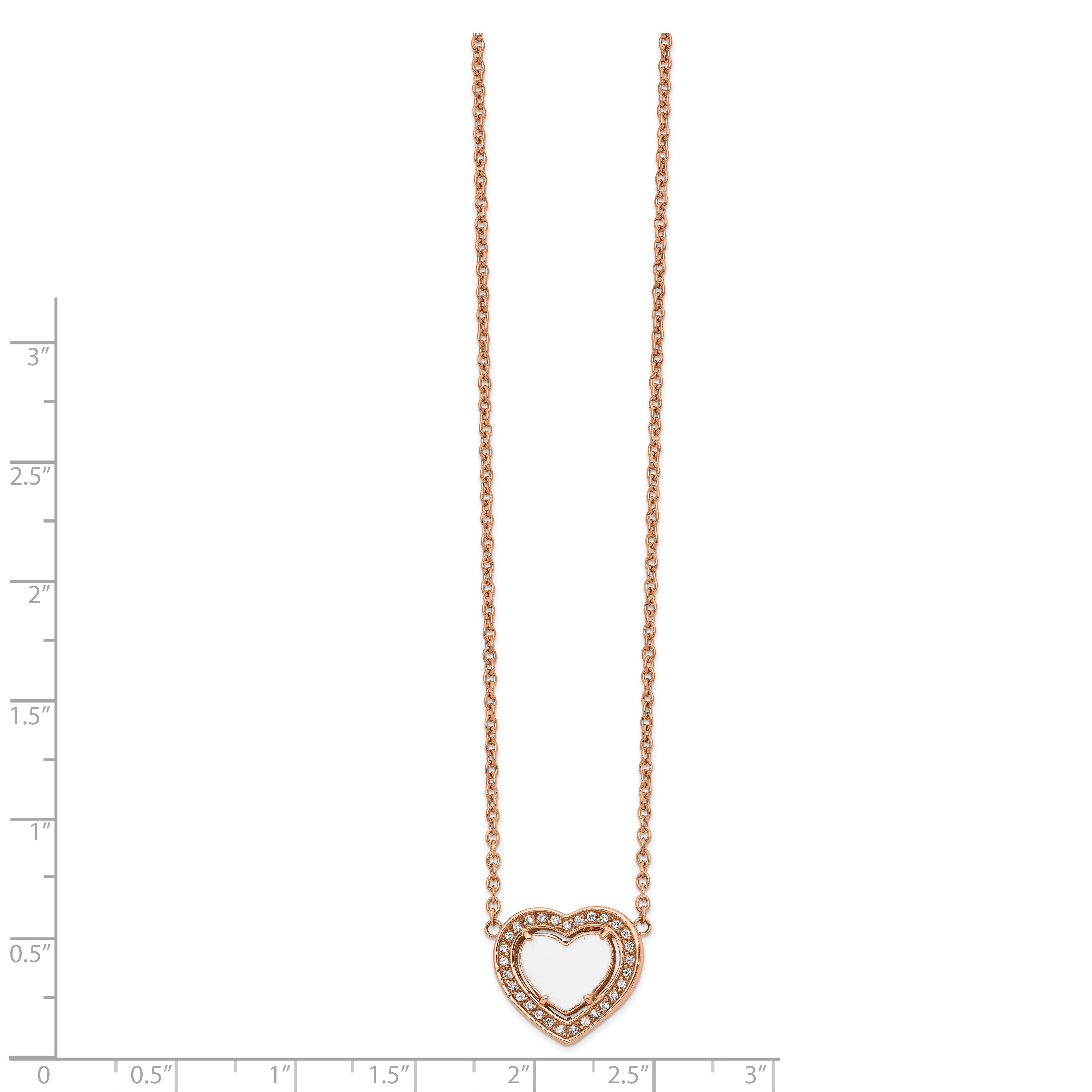 Chisel Stainless Steel Polished Rose IP-plated White Enamel with CZ Heart on a 19 inch Cable Chain with a 2 inch Extension Necklace