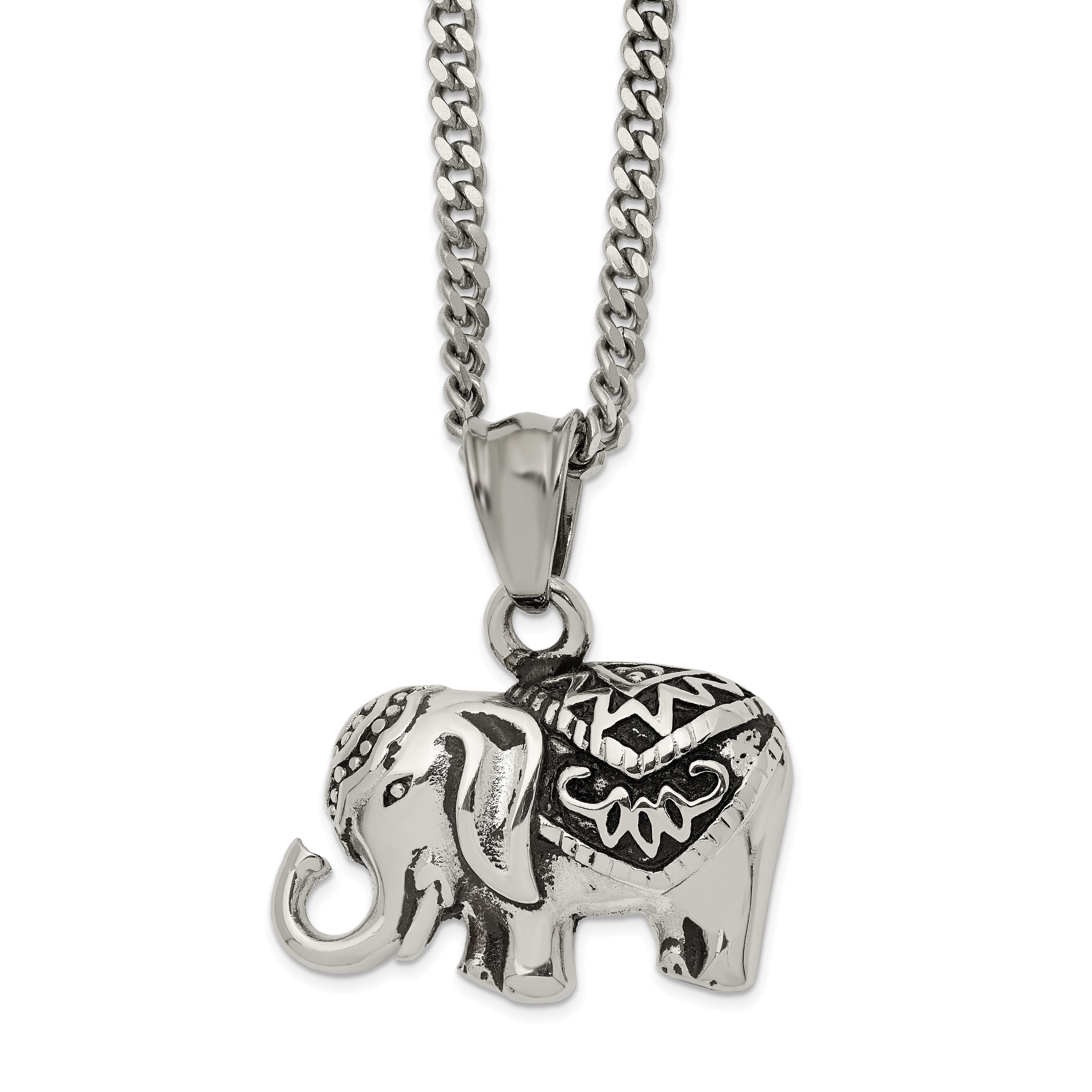 Chisel Stainless Steel Antiqued and Polished Elephant Pendant on a 20 inch Curb Chain Necklace Main image