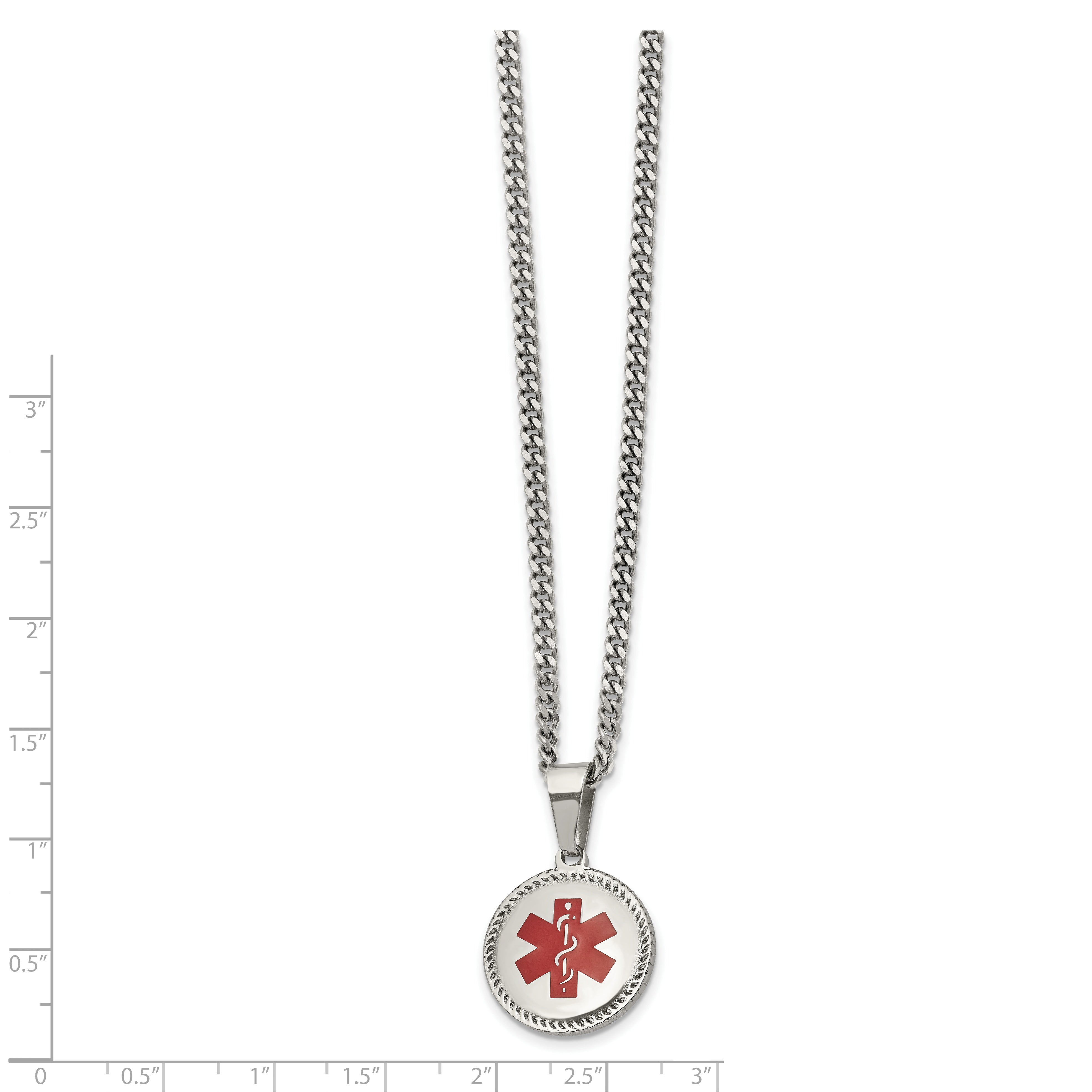 Chisel Stainless Steel Polished with Red Enamel Circle Medical ID Pendant on a 20 inch Curb Chain Necklace Secondary image