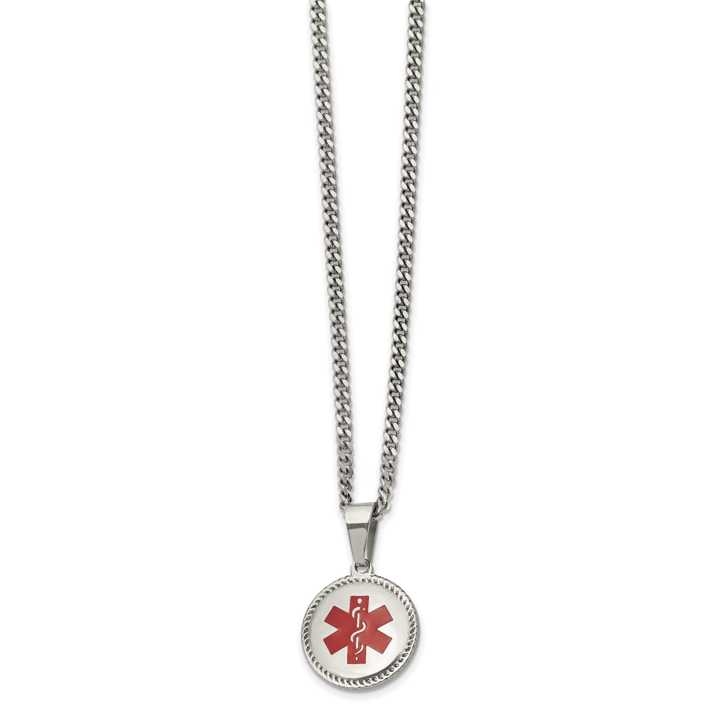 Chisel Stainless Steel Polished with Red Enamel Circle Medical ID Pendant on a 20 inch Curb Chain Necklace Main image