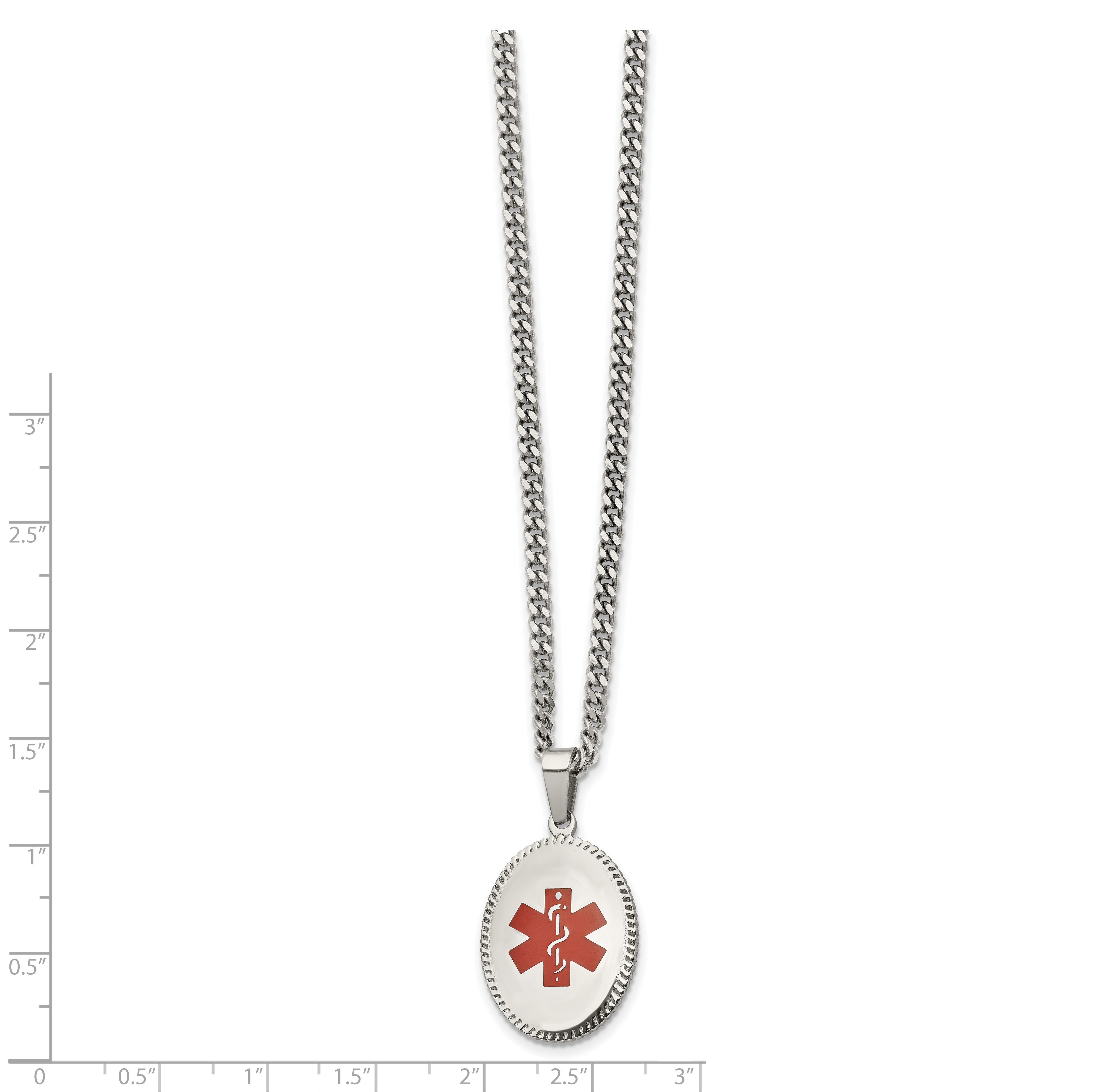 Chisel Stainless Steel Polished with Red Enamel Oval Medical ID Pendant on a 20 inch Curb Chain Necklace Secondary image