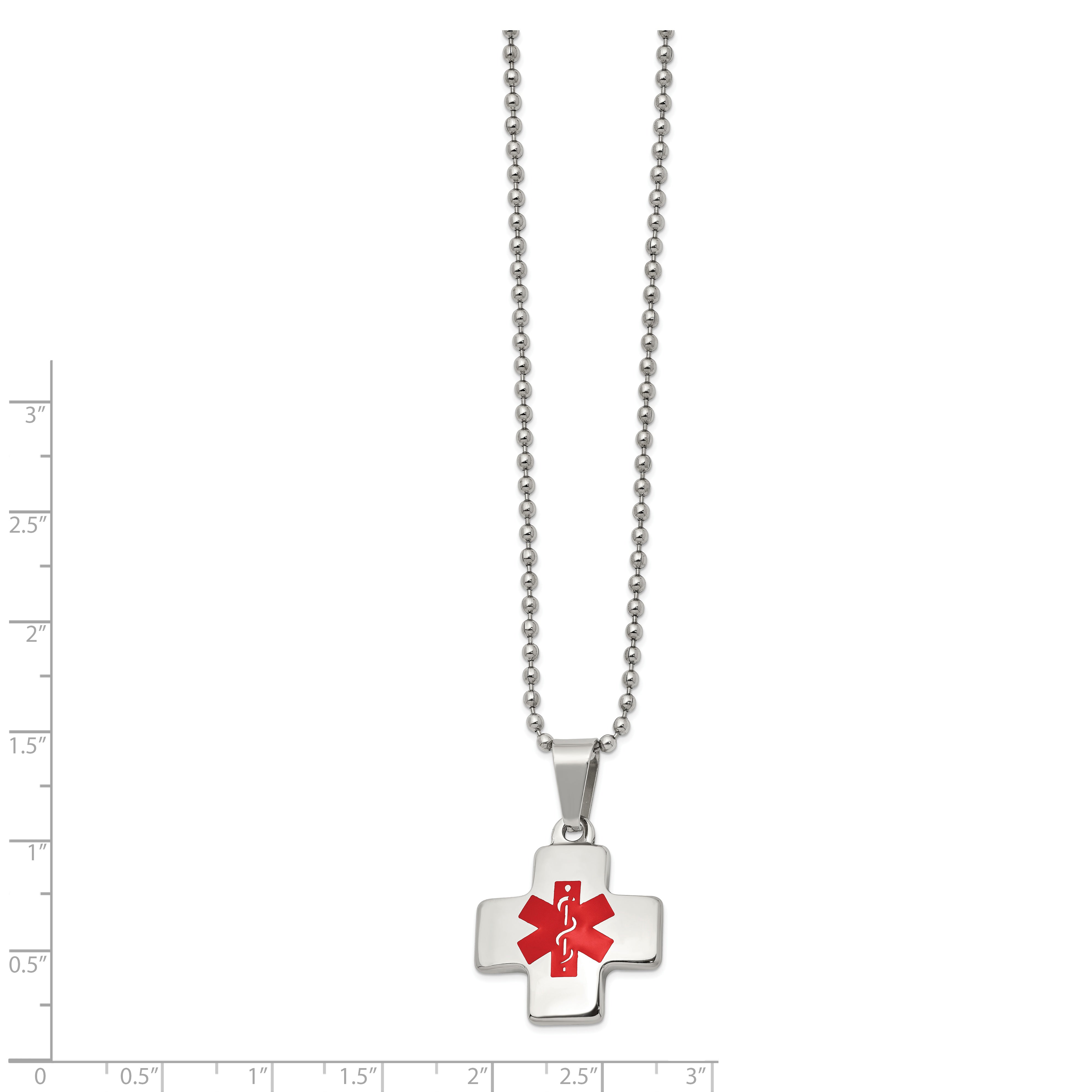 Chisel Stainless Steel Polished with Red Enamel Cross Medical ID Pendant on a 20 inch Ball Chain Necklace Secondary image
