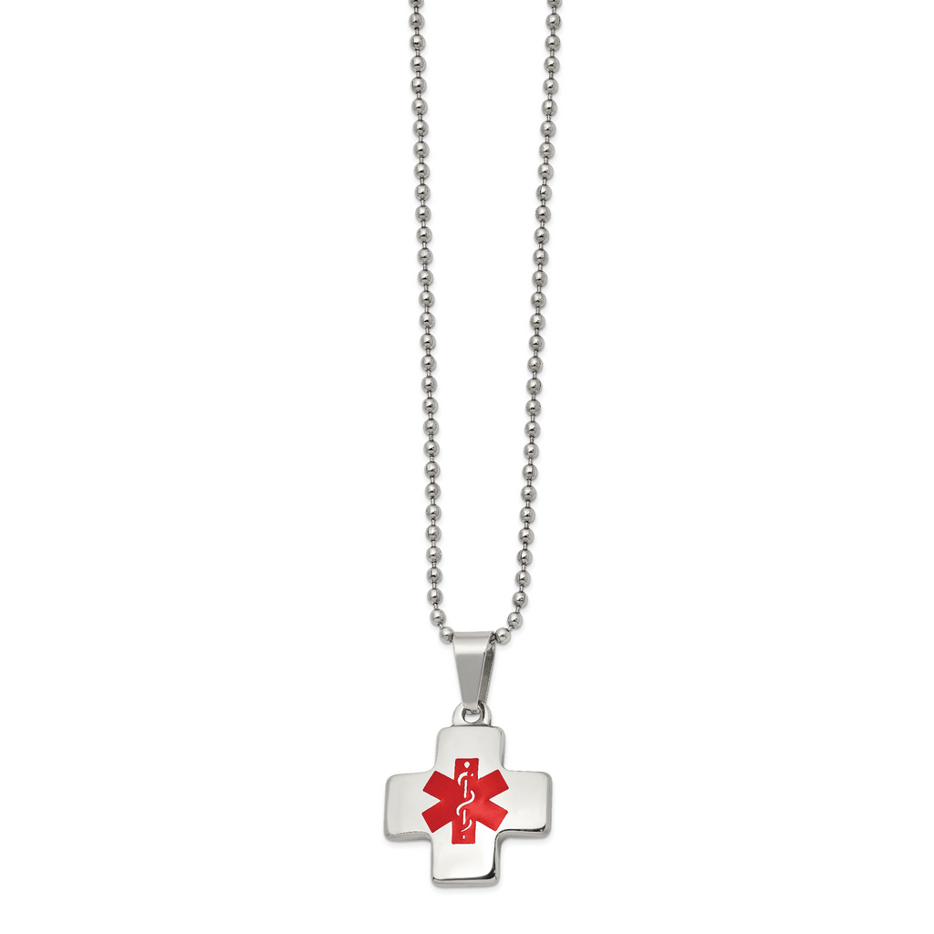 Chisel Stainless Steel Polished with Red Enamel Cross Medical ID Pendant on a 20 inch Ball Chain Necklace