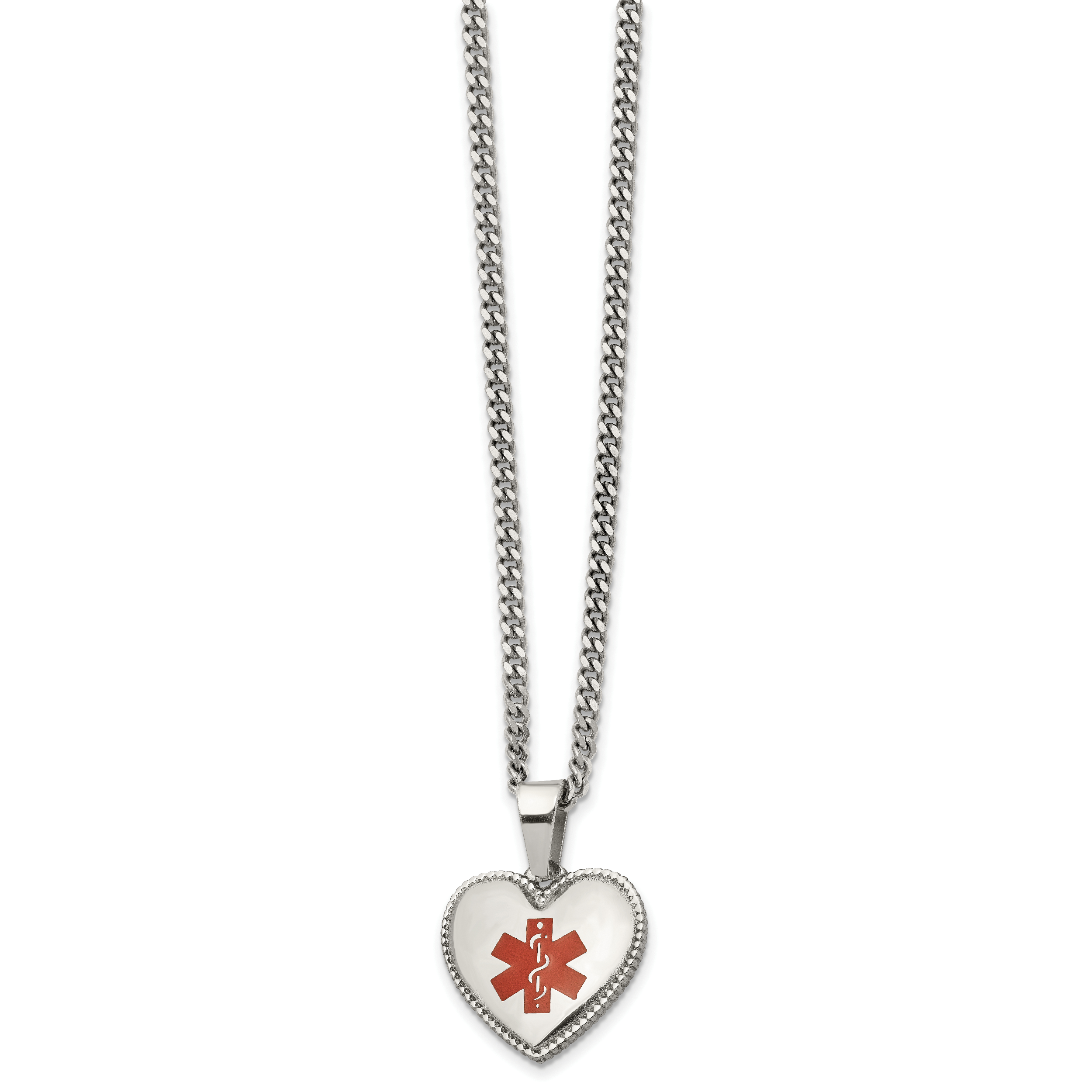 Chisel Stainless Steel Polished with Red Enamel Heart Medical ID Pendant on a 20 inch Curb Chain Necklace Main image