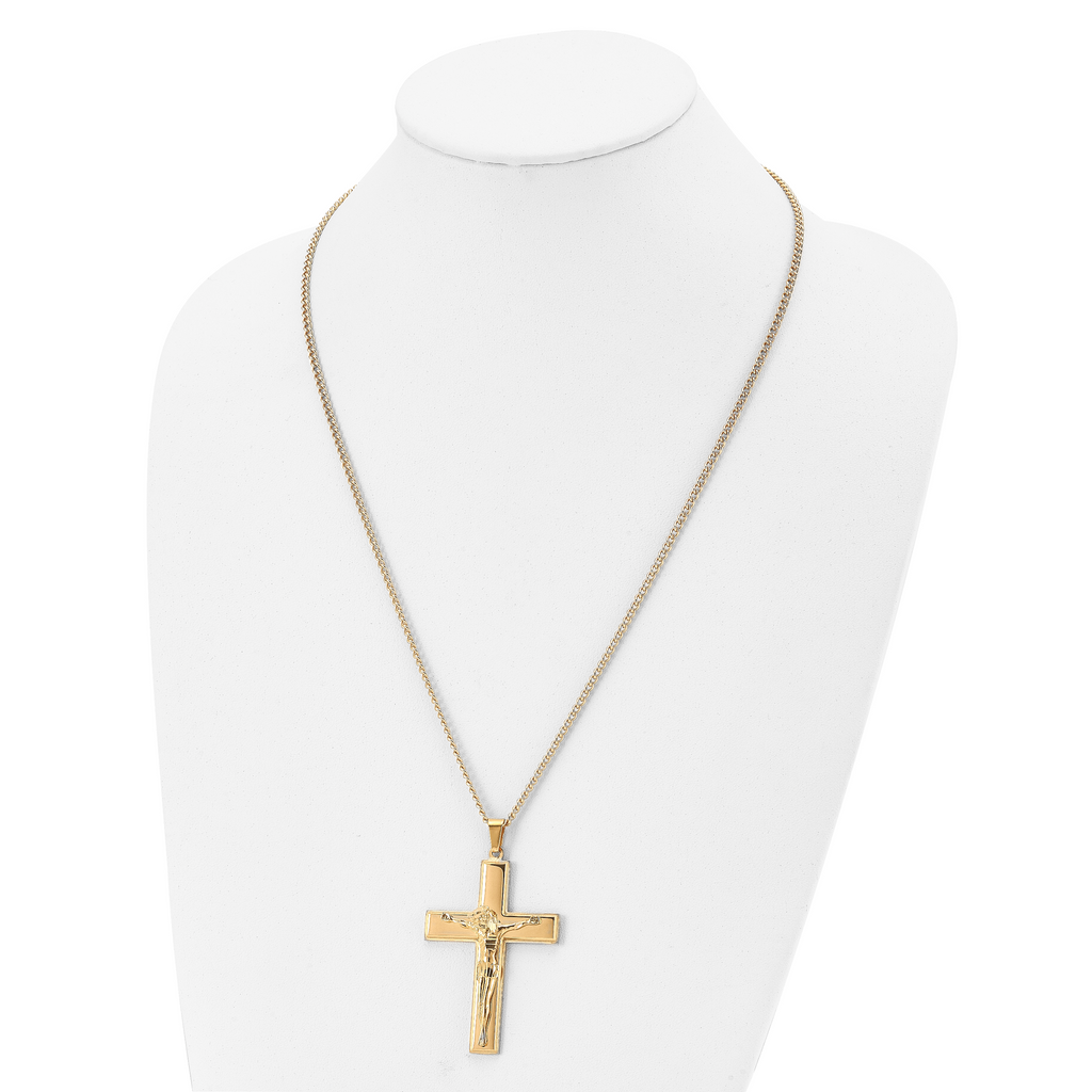 Chisel Stainless Steel Polished Yellow IP-plated Crucifix Pendant on a 24 inch Curb Chain Necklace