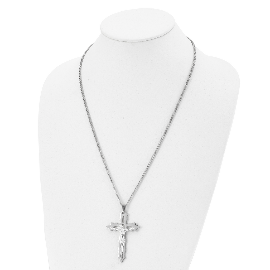 Chisel Stainless Steel Polished Cutout Crucifix Pendant on a 24 inch Curb Chain Necklace