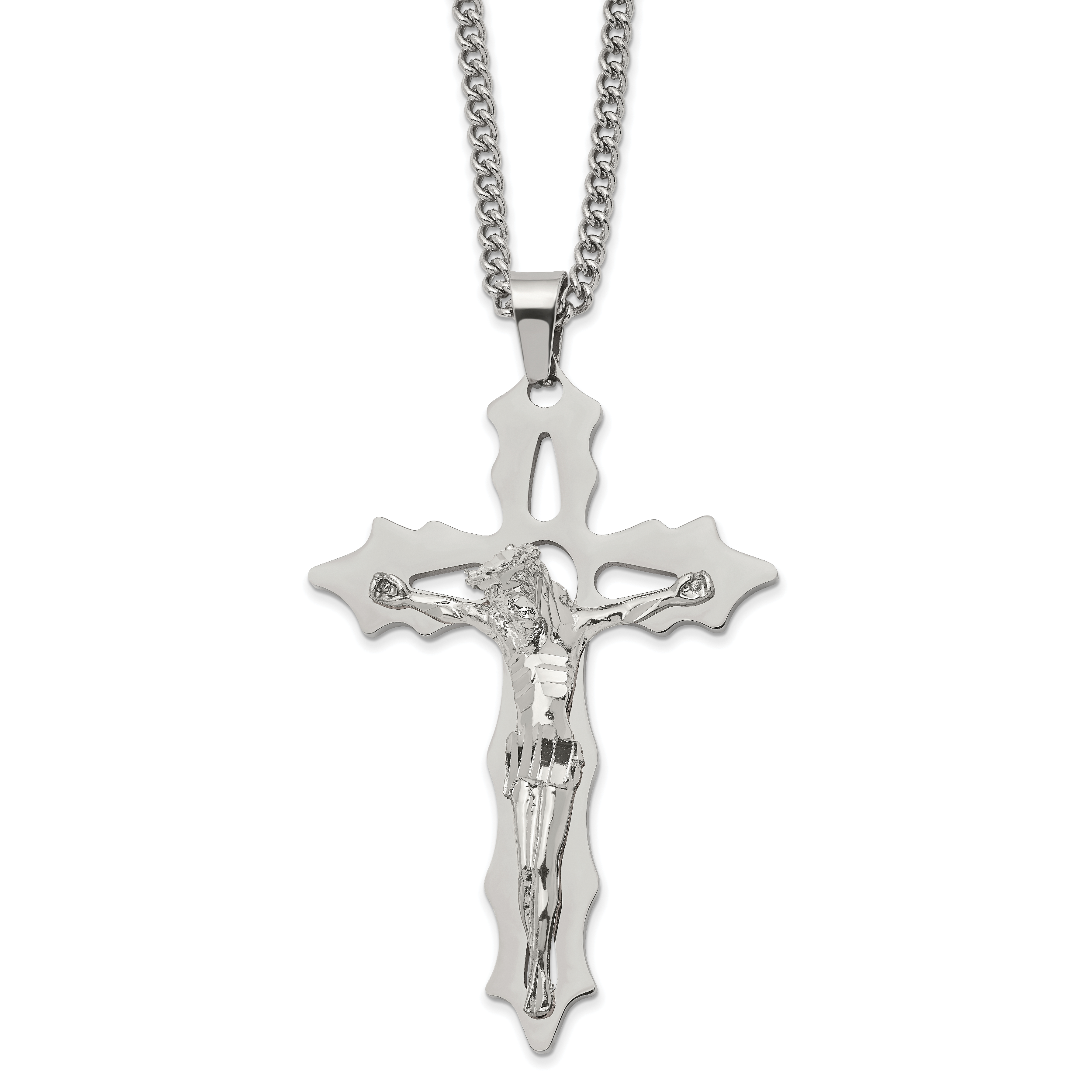 Chisel Stainless Steel Polished Cutout Crucifix Pendant on a 24 inch Curb Chain Necklace Main image