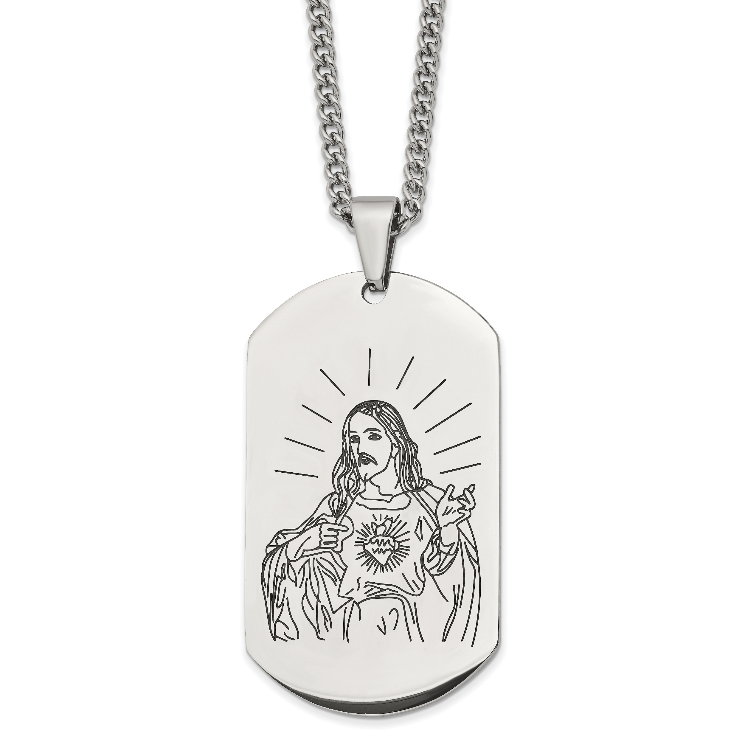 Stainless Steel Polished Dog Tag Etched Jesus 24 inch Necklace Main image