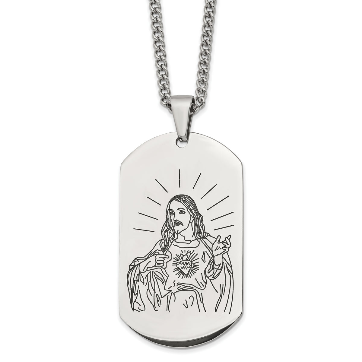 Stainless Steel Polished Dog Tag Etched Jesus 24 inch Necklace