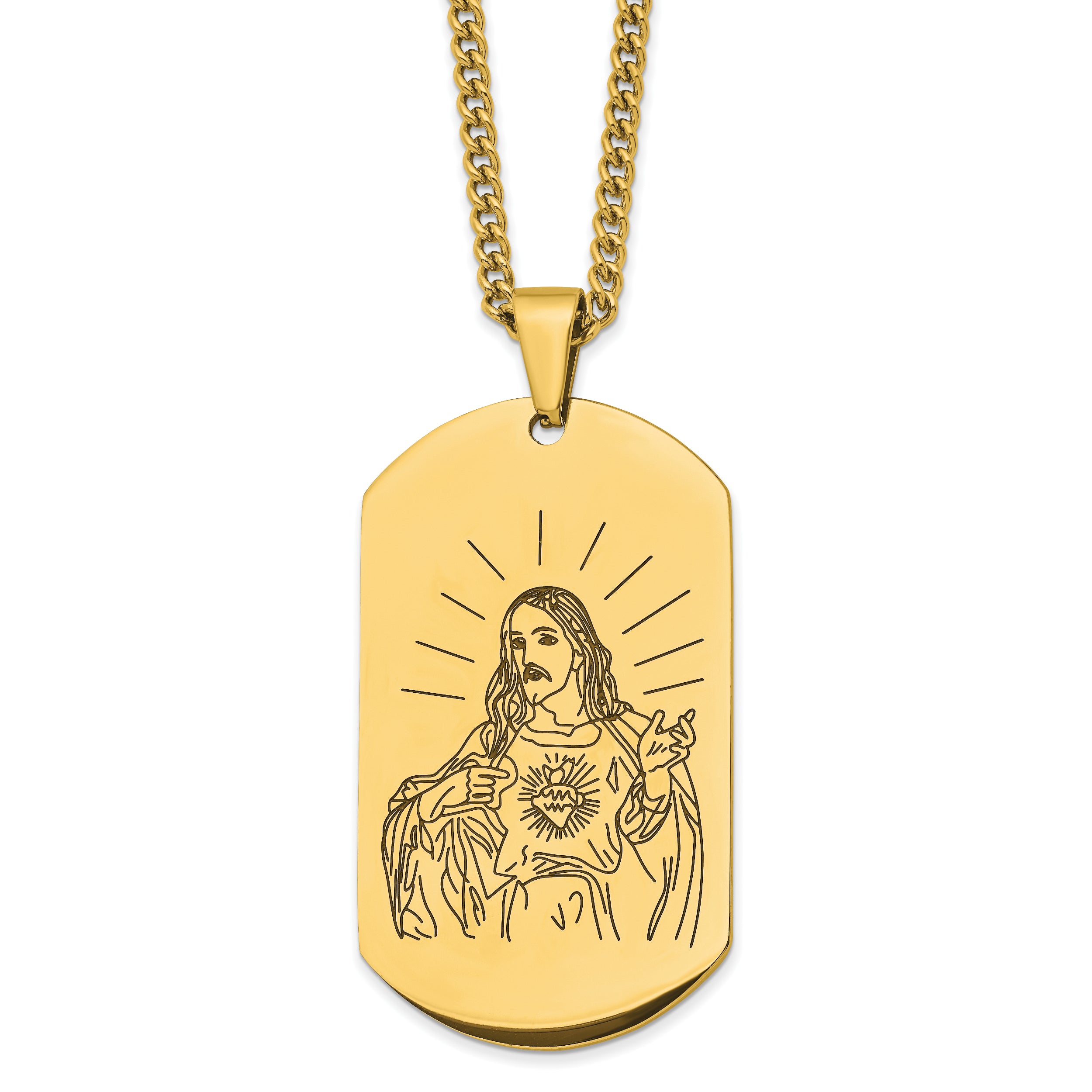 Stainless Steel Polished Yellow IP-plated Etched Jesus Dog Tag Necklace