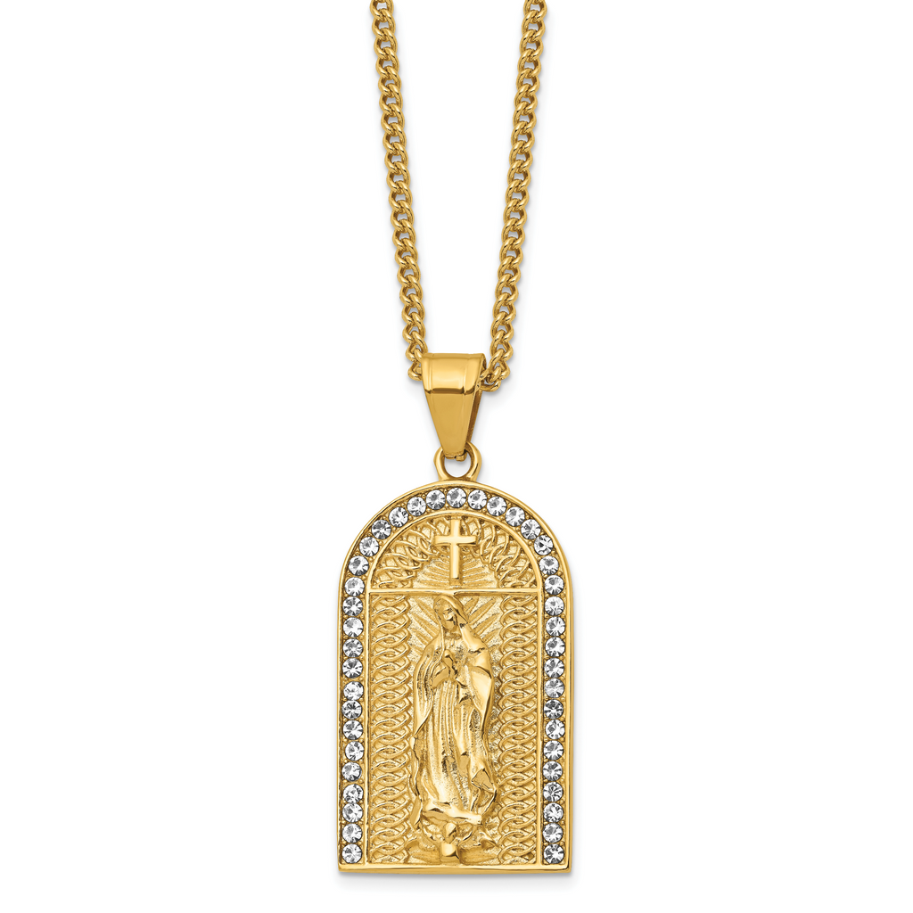 Chisel Stainless Steel Polished Yellow IP-plated with Crystal Blessed Mary Pendant on a 24 inch Curb Chain Necklace