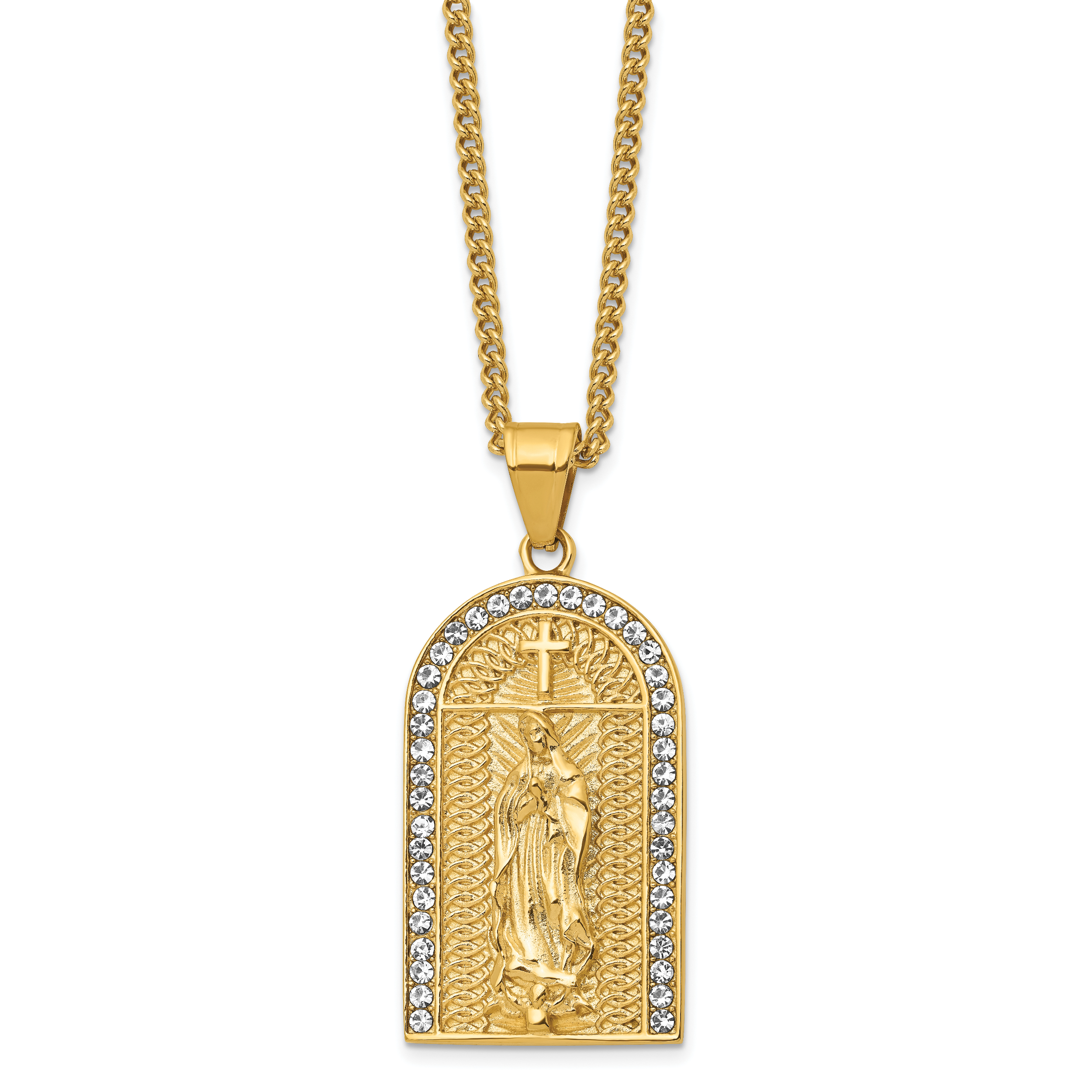 Chisel Stainless Steel Polished Yellow IP-plated with Crystal Blessed Mary Pendant on a 24 inch Curb Chain Necklace