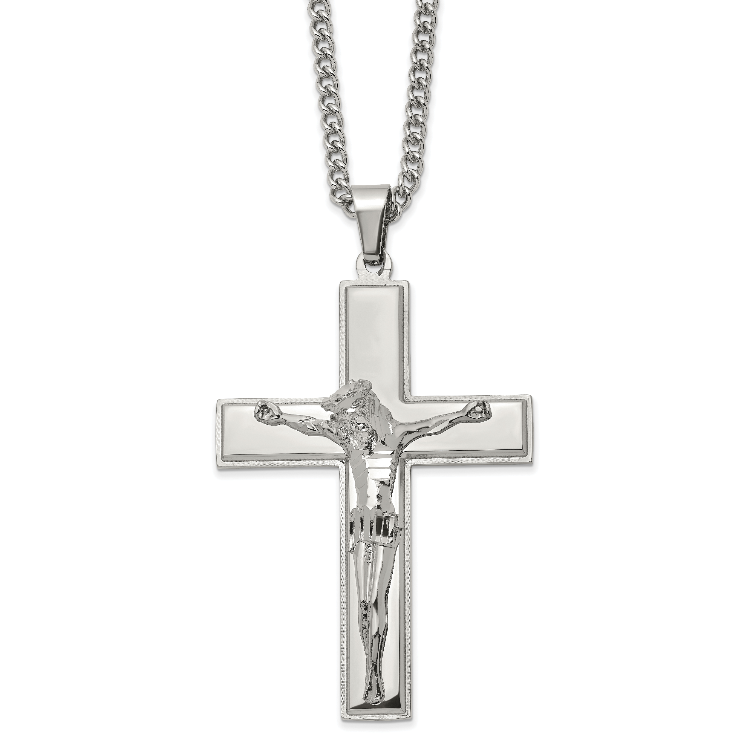 Chisel Stainless Steel Polished Crucifix Pendant on a 24 inch Curb Chain Necklace Main image