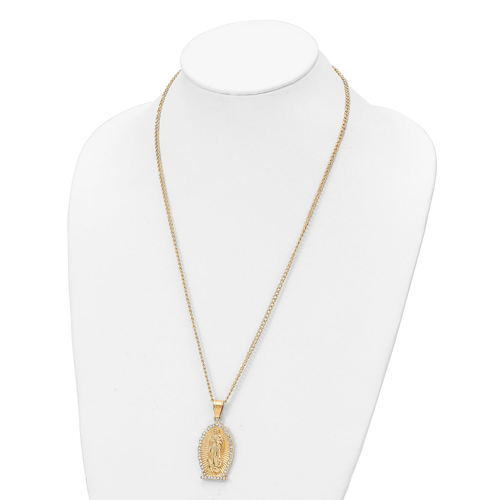 Chisel Stainless Steel Polished Yellow IP-plated with Crystal Our Lady of Guadalupe Pendant on a 24 inch Curb Chain Necklace