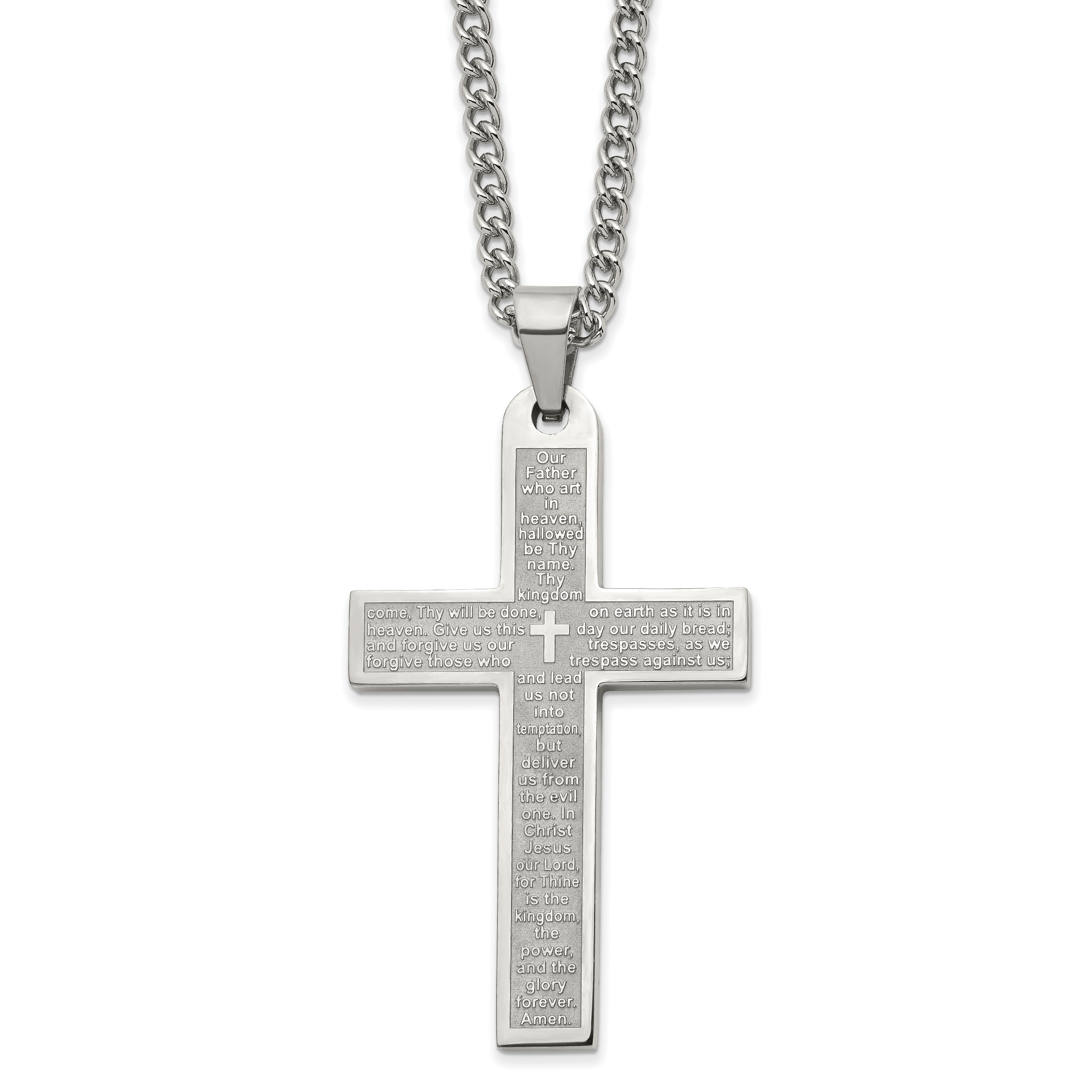 Chisel Stainless Steel Polished Lord's Prayer Cross Pendant on a 24 inch Curb Chain Necklace Main image