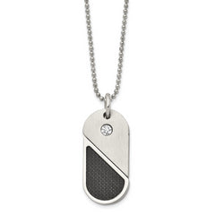 Chisel Stainless Steel Brushed and Polished with CZ and Carbon Fiber Inlay Movable DogTag/Heart Pendant on a 22 in Ball Chain Necklace