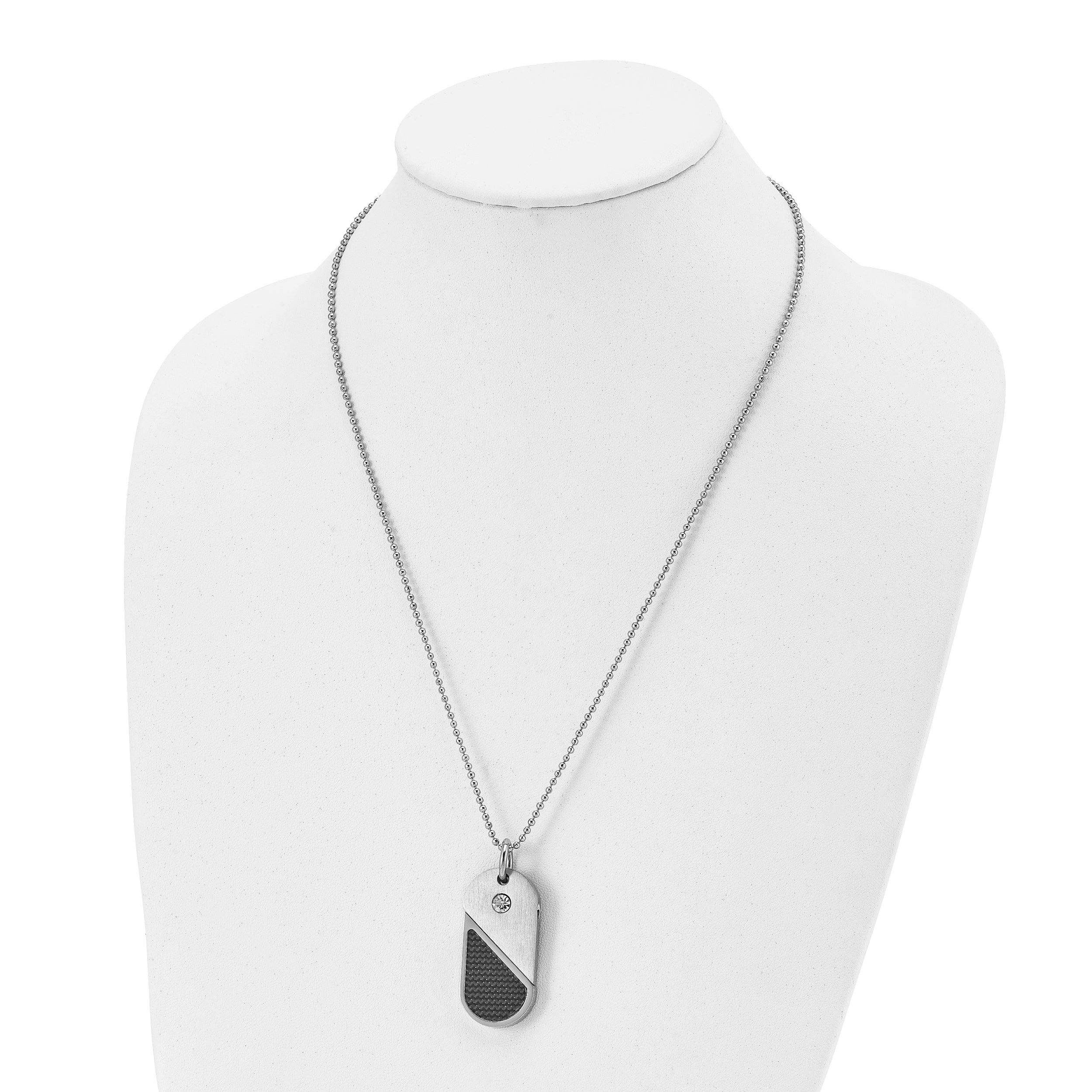 Chisel Stainless Steel Brushed and Polished with CZ and Carbon Fiber Inlay Movable DogTag/Heart Pendant on a 22 in Ball Chain Necklace