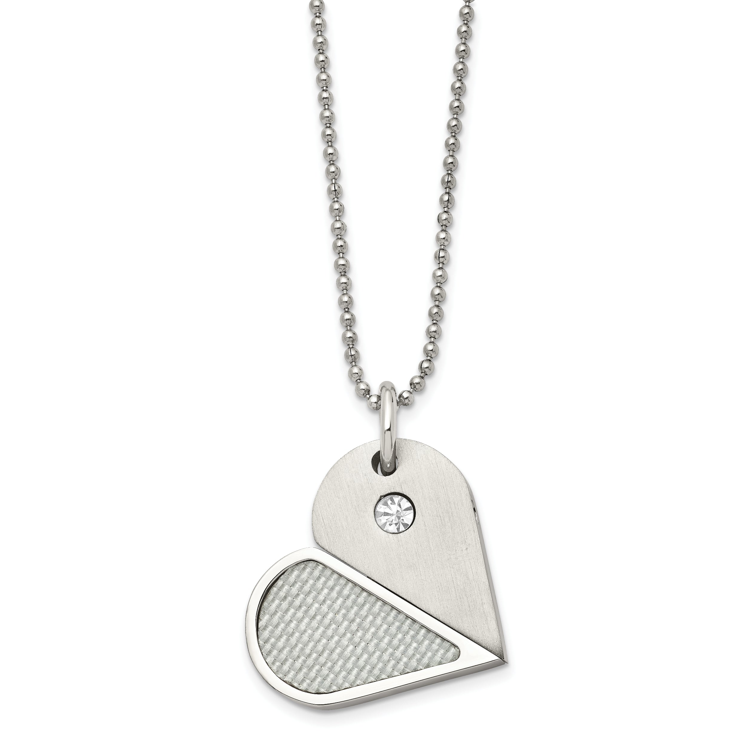 Chisel Stainless Steel Brushed and Polished with CZ and Carbon Fiber Inlay Movable DogTag/Heart Pendant on a 22 in Ball Chain Necklace